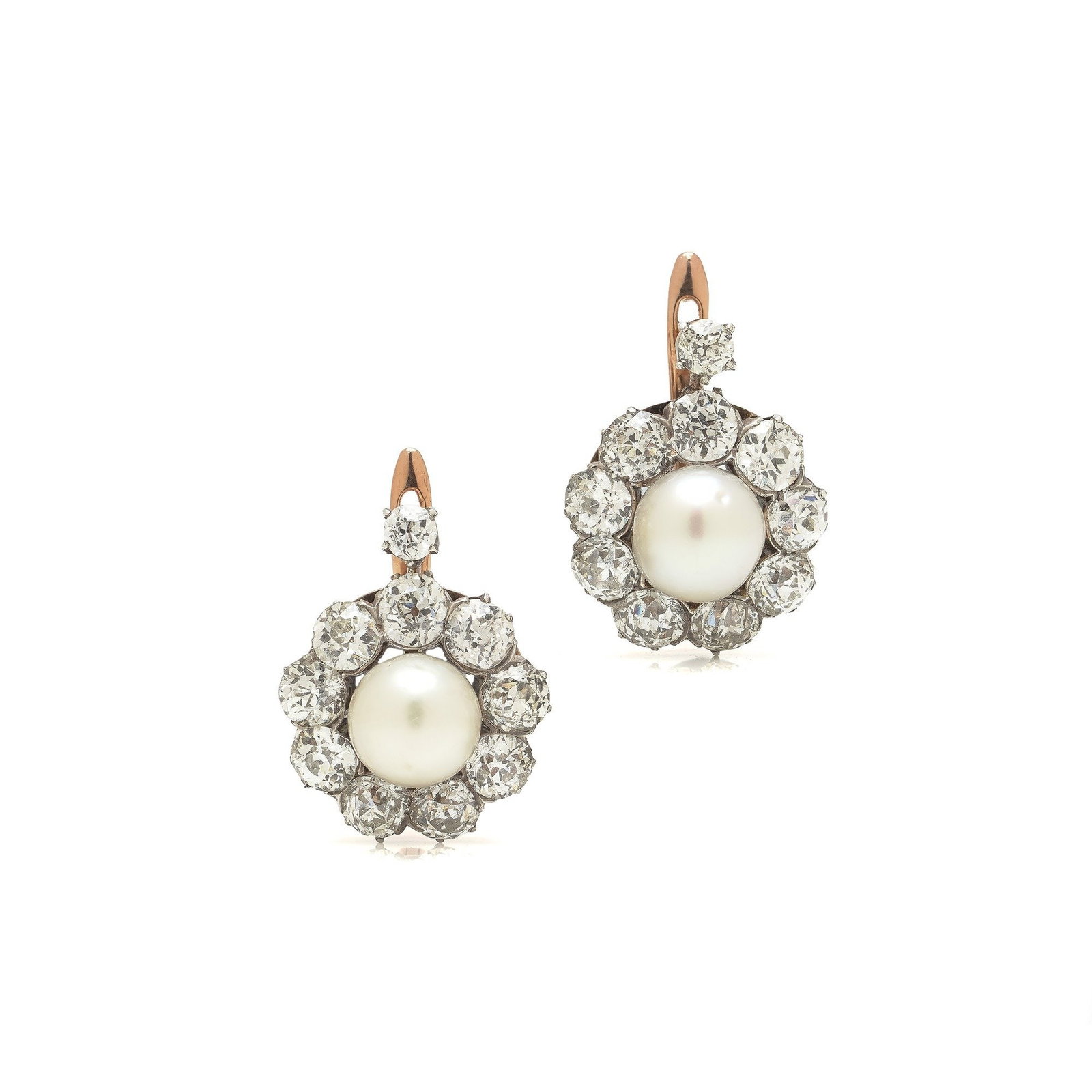 Victorian Natural Pearl & Diamond Cluster Earrings, 18KT Gold (1 of 10)
