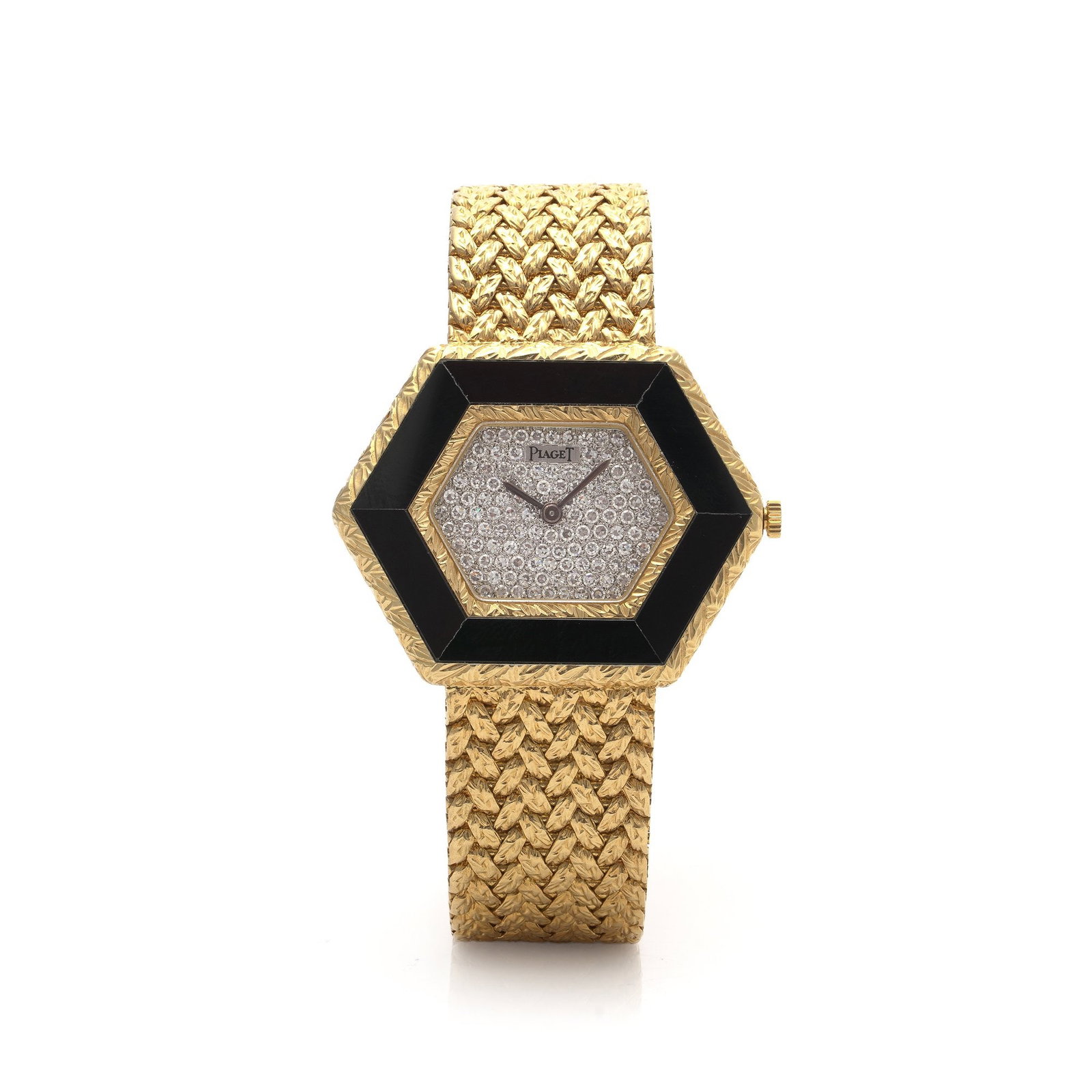 Vintage 1970s Piaget 18KT Gold Onyx Diamond Watch Ref. 9523: A striking vintage Piaget wristwatch from the 1970s, crafted in 18KT yellow gold and designed with a bold hexagonal case. The watch is framed by a polished black onyx bezel and centred by a diamond-se