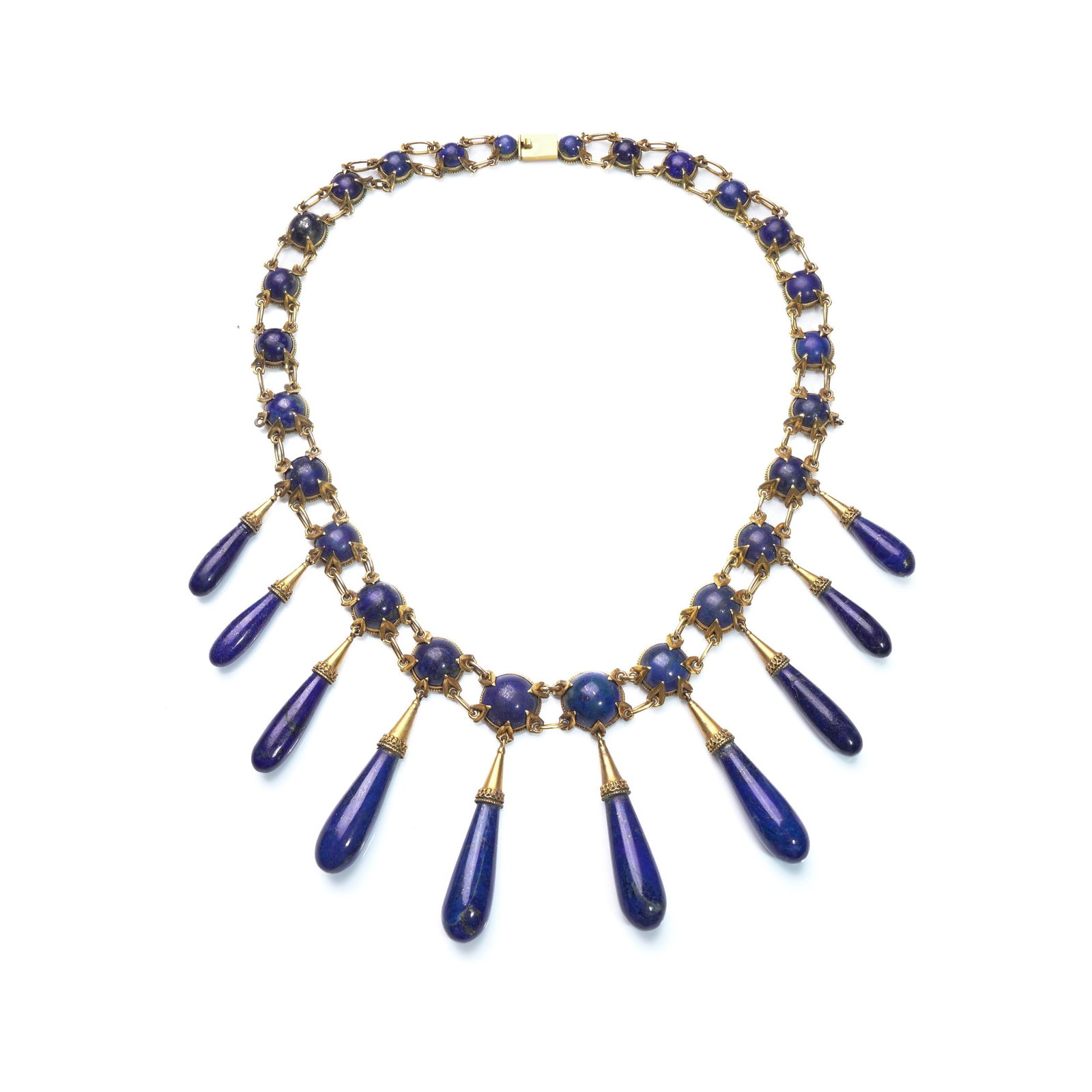 Victorian 15KT Gold Natural Lapis Lazuli Fringe Necklace: A substantial Victorian necklace crafted in 15kt gold, set throughout with natural lapis lazuli. The design features a series of cabochon lapis links graduating into articulated drops, each terminatin