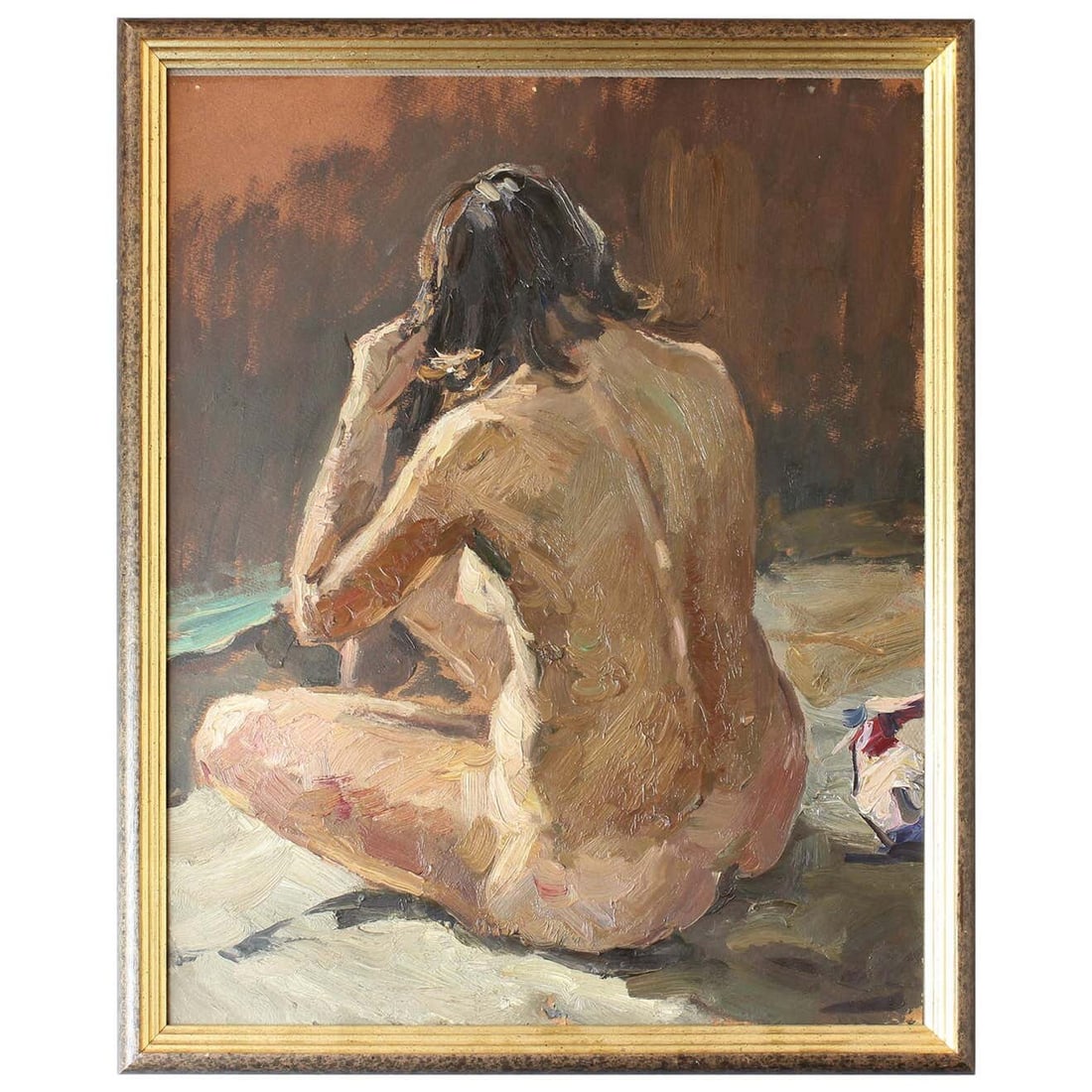 Vintage Oil Painting by Vladimir Stozharov: A vintage oil painting on cardboard by celebrated Russian artist Vladimir Stozharov (19261973). This work, titled Bader. Ruckenansicht ( Bath, Back View ), demonstrates Stozharovs hallmark style, blen