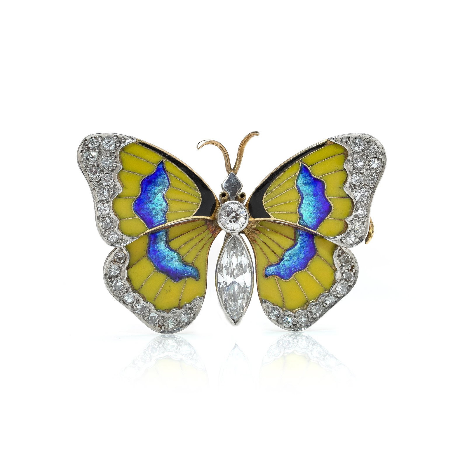 Early 20th Century Diamond and Enamel Butterfly Brooch: An exceptional early 20th century butterfly brooch of notably high quality, beautifully modelled with vibrant yellow enamel wings highlighted by striking iridescent blue enamel panels. The wings are b