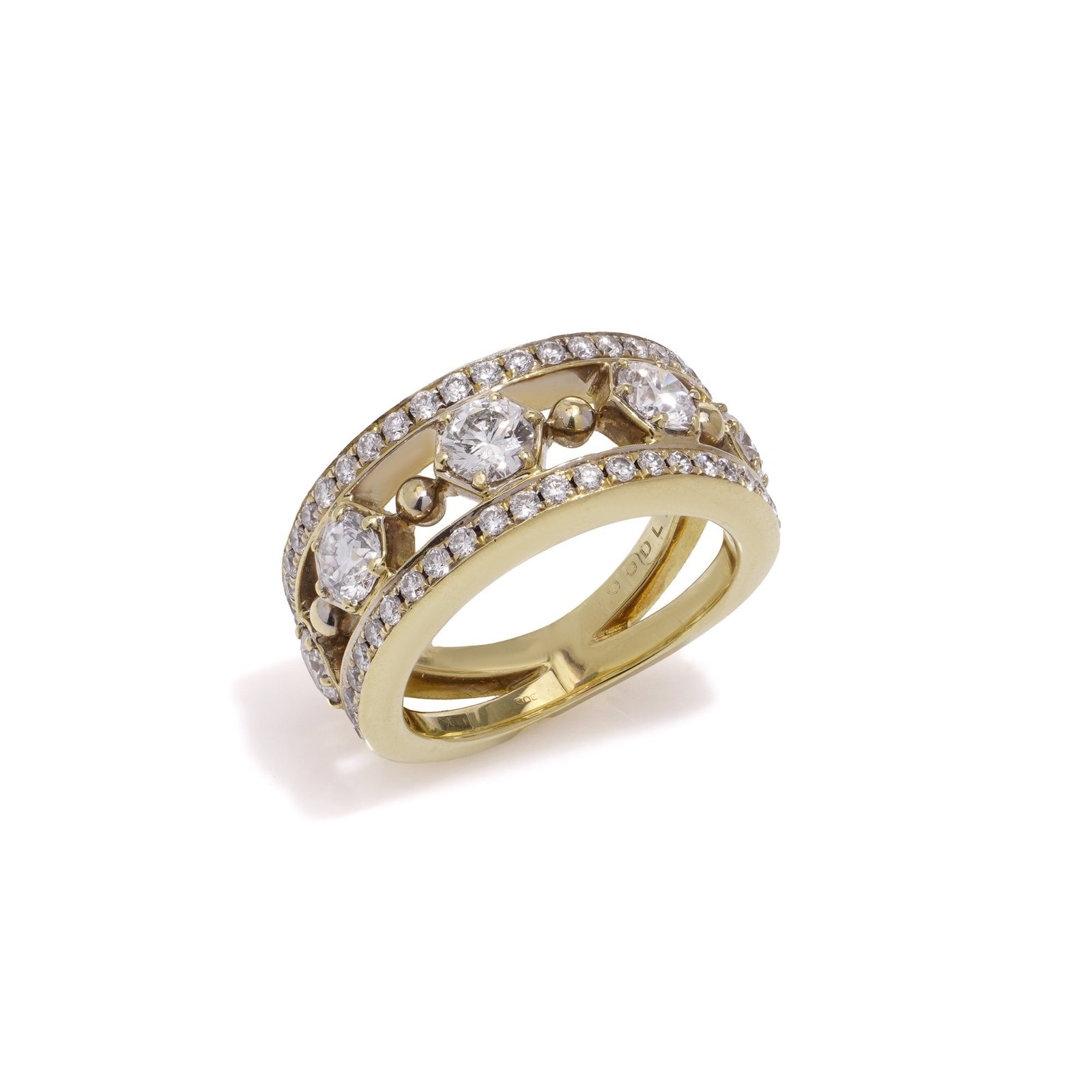 Boodles & Dunthorne 18KT Gold Band Ring with 1.46ct Diamonds: This 18kt yellow gold band ring by Boodles & Dunthorne is set with a total of 1.46 carats of round brilliant-cut diamonds. The design features a double-row layout: a central section with larger hexago