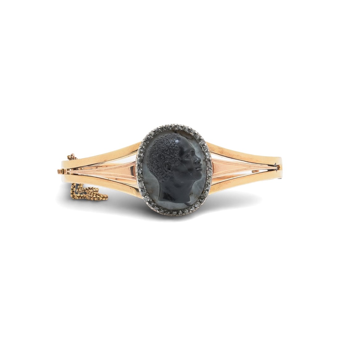 Victorian 18KT Gold Agate Cameo & Rose Cut Diamond Bangle Bracelet: An elegant 19th-century Victorian bangle bracelet crafted in solid 18KT yellow gold, centred with a finely carved agate cameo depicting a classical male profile, likely inspired by Greco-Roman portrai