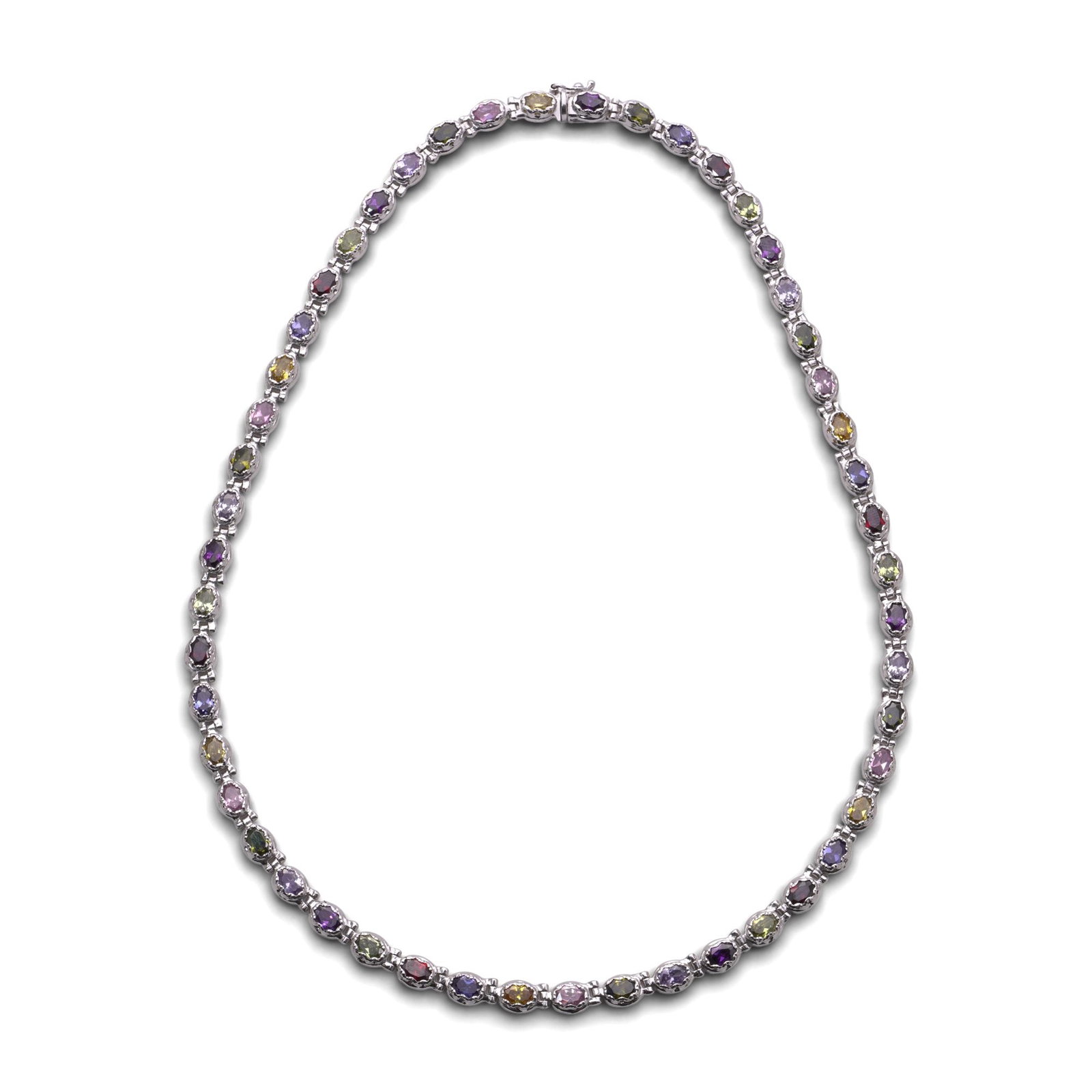 Vintage Italian 18KT White Gold Multi-Gem Necklace: An elegant vintage multi-gem necklace crafted in solid 18KT white gold, featuring a continuous line of individually set natural gemstones in a refined Italian design. The necklace displays a harmoniou