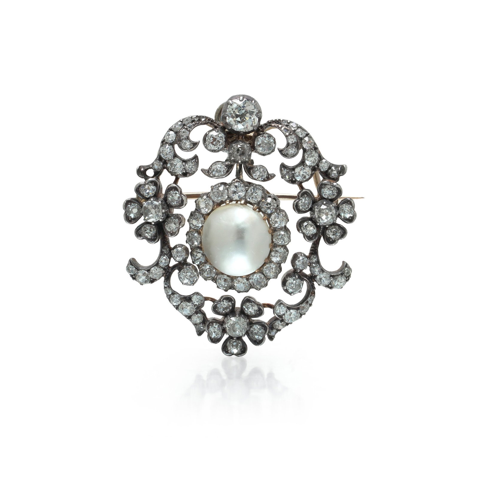 Victorian Natural Pearl and Diamond Brooch Pendant: Victorian natural pearl and diamond brooch pendant, a large central pearl within a diamond border, framed by openwork scrolls and flower heads in silver settings over gold. The frame is pierced throug