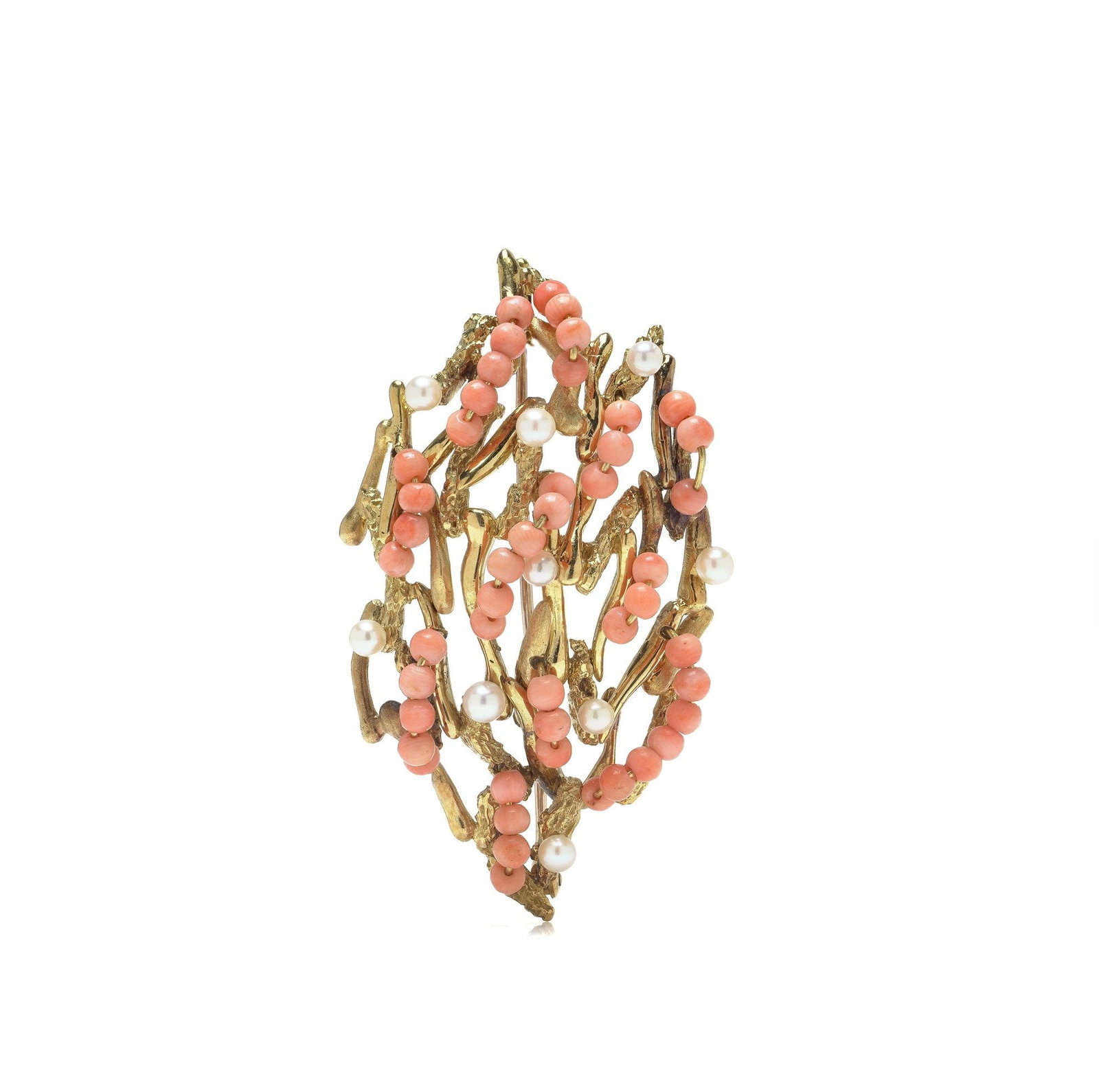 John Donald 18KT Gold, Coral & Pearl Brooch, London 1970s (1 of 8)