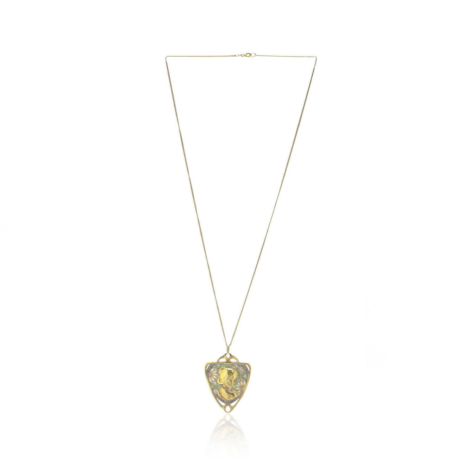 Art Nouveau Plique-a-Jour Enamel Pendant Necklace, 18KT Gold, Circa 1910: An exceptional Art Nouveau pendant in 18KT gold, circa 1910, the profile of a young woman modelled in high-relief gold and set against a panel of plique-à-jour enamel worked with stylised daisies