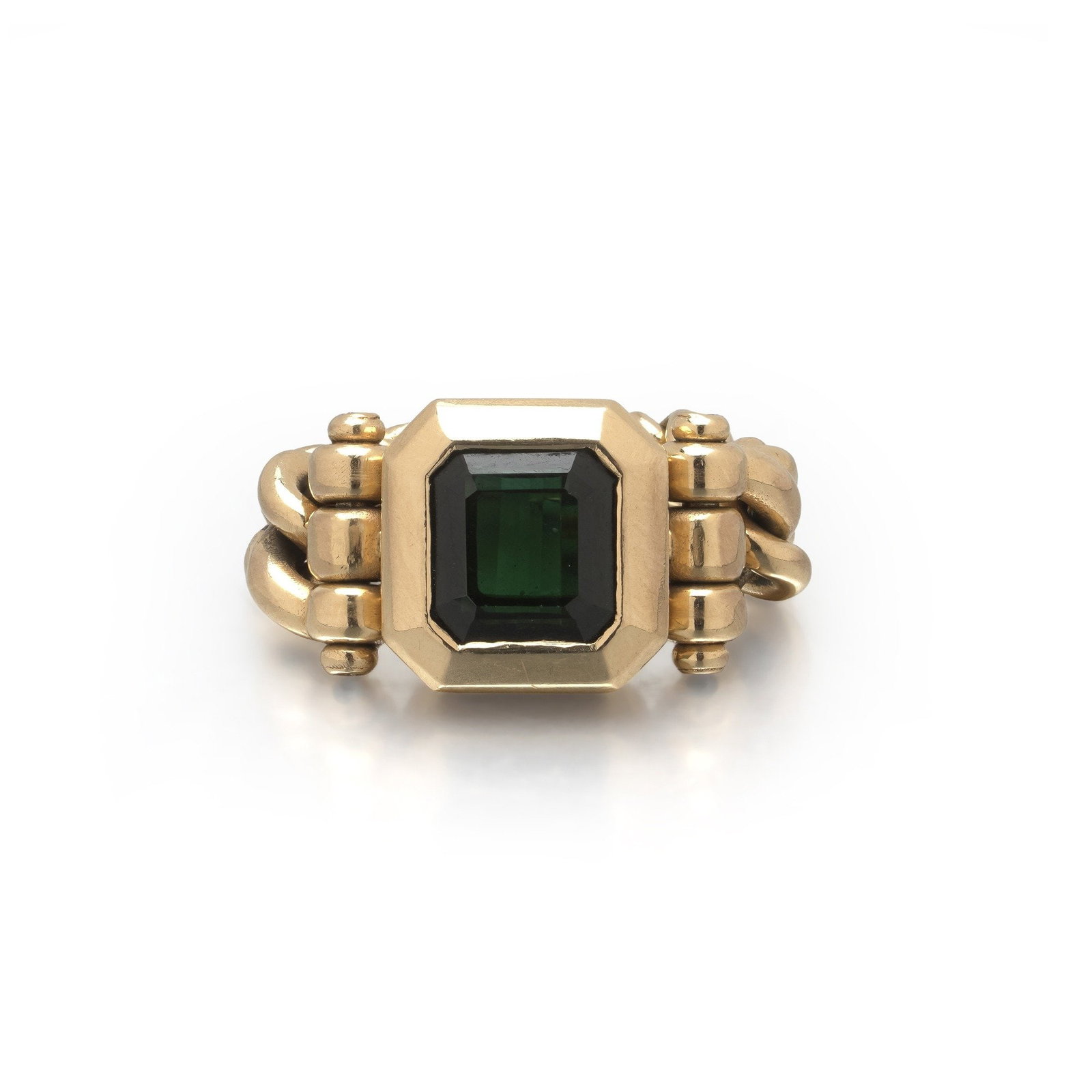 Maor 18KT Gold Chain Link Ring, Emerald Cut Green Tourmaline and Diamonds: Maor 18KT gold chain link ring , the shank formed as a heavy curb chain and set with an emerald cut green tourmaline between diamond set collars. The band is built from solid curb links rather than a 