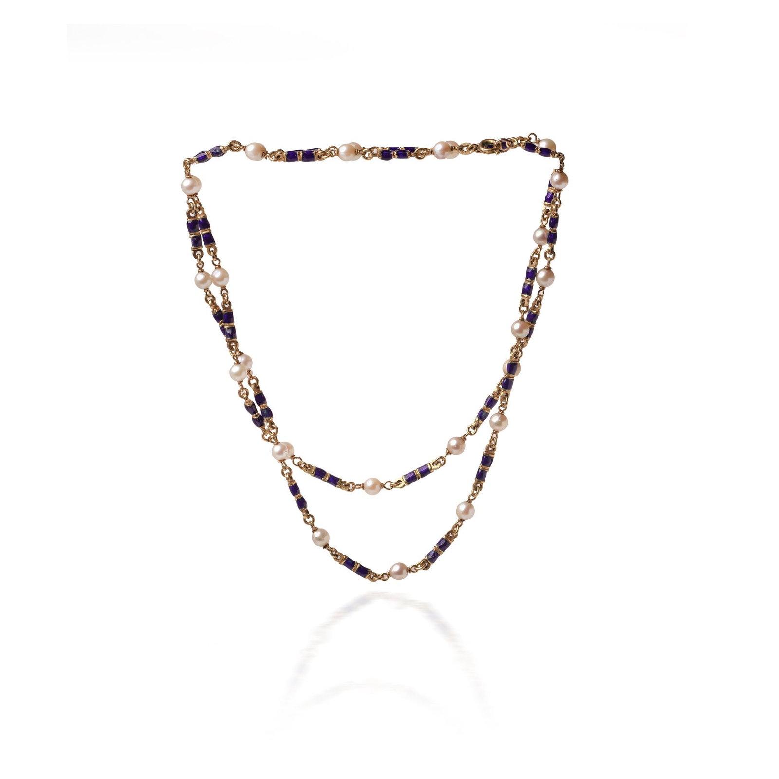 18KT Gold, Blue Enamel and Seed Pearl Guard Chain Necklace (1 of 8)