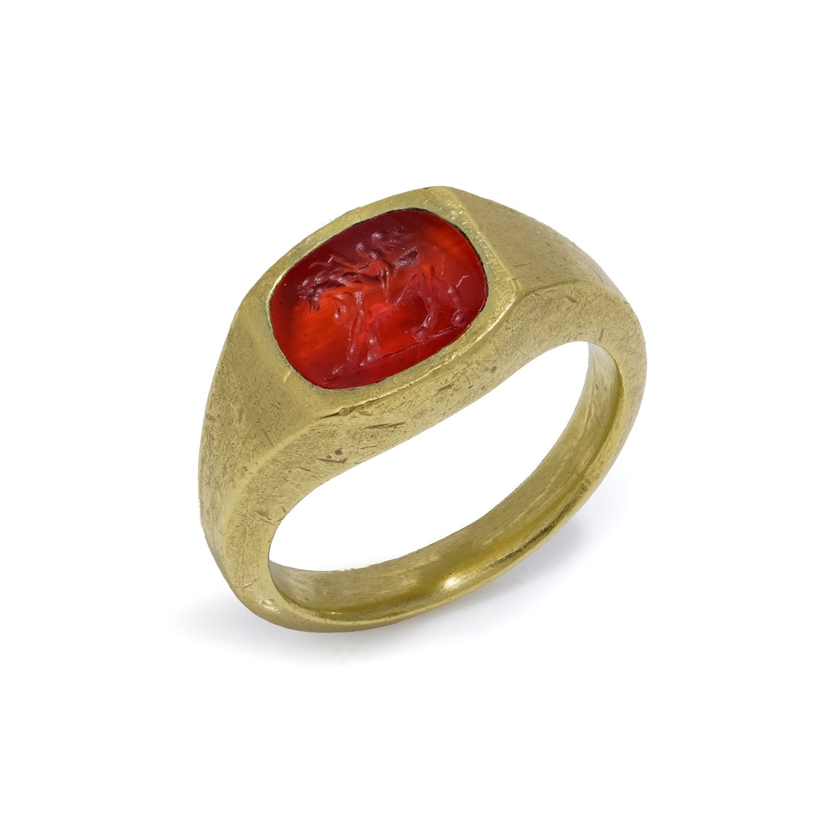 22KT Gold Ring with Roman Carnelian Intaglio of Cupid Riding a Lion (1 of 8)
