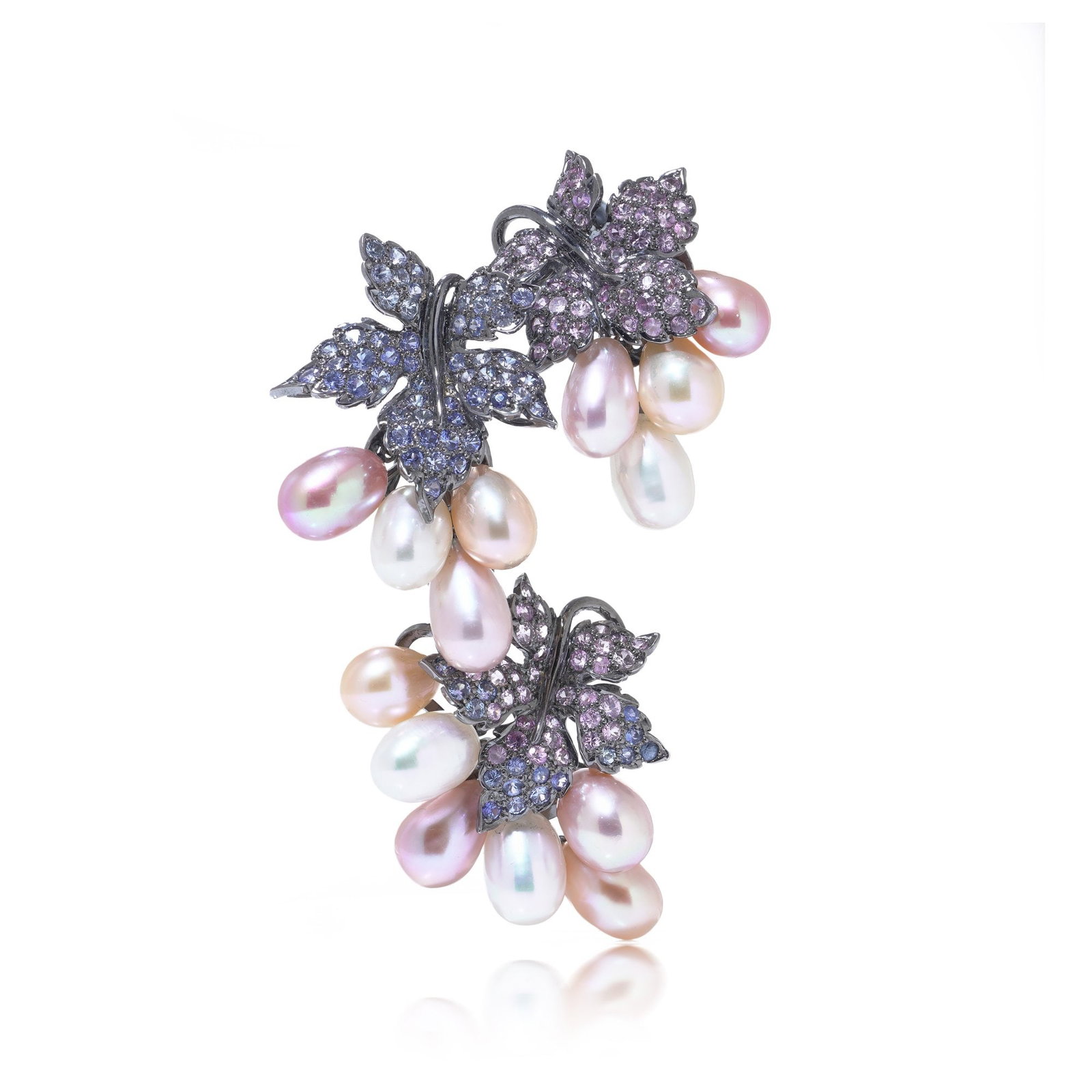 18KT Dark Gold Brooch with Mixed Cultured Pearls and Blue & Pink Sapphires: An exquisite 18kt dark gold brooch featuring a cascading cluster of cultured pearls and sapphires in delicate hues of pink and blue. This elegant piece showcases a grapevine-inspired design, where nat