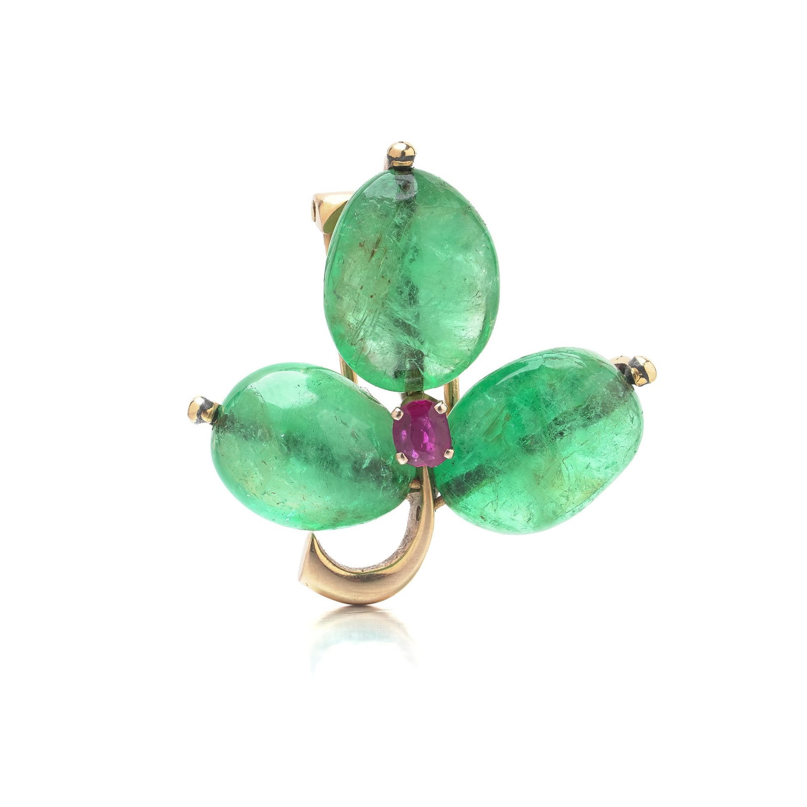 Antique 18KT Gold Cabochon Emerald and Ruby Three-Leaf Clover Brooch (1 of 7)