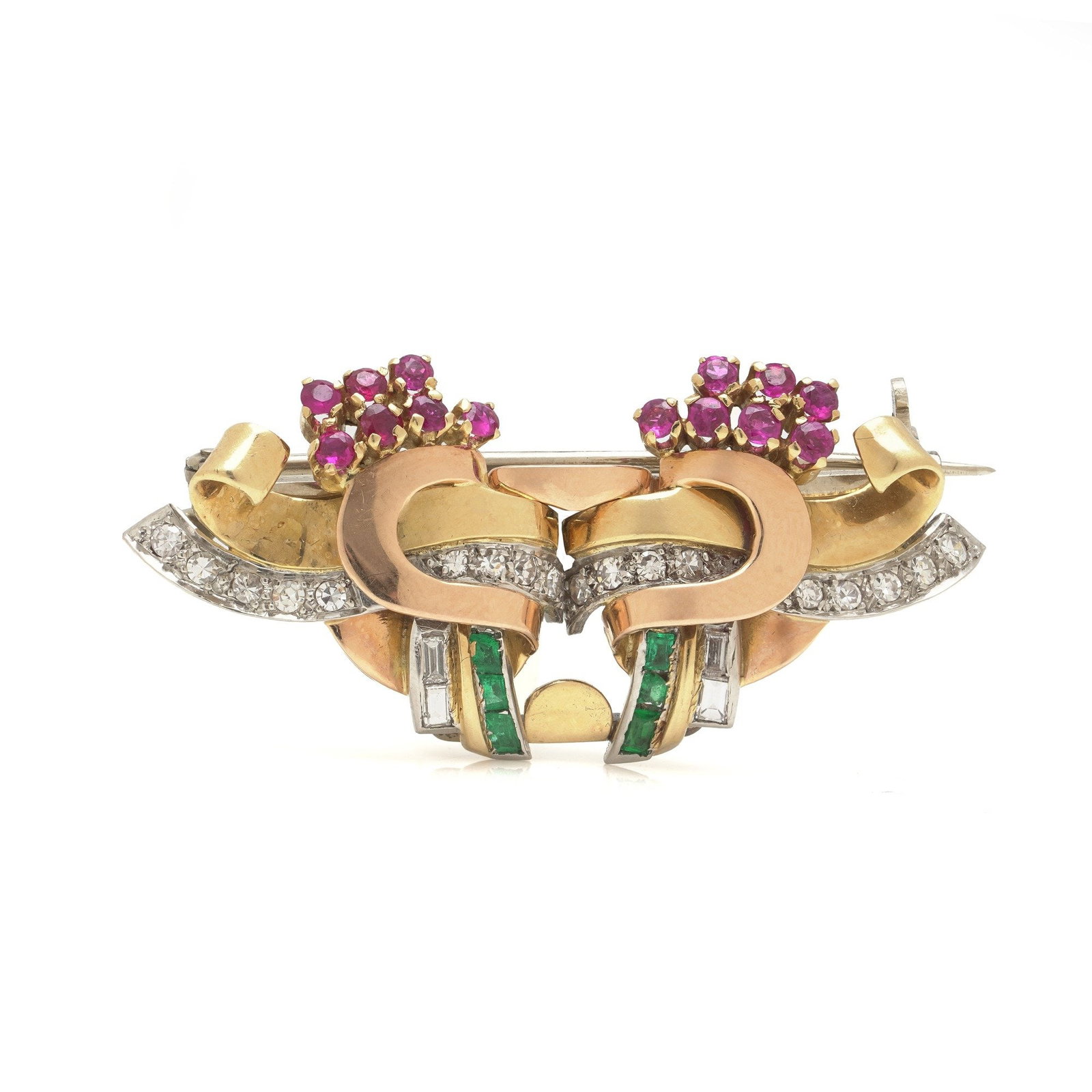 Retro Ruby, Emerald & Diamond Double Clip Brooch, 18KT Gold (1 of 8)