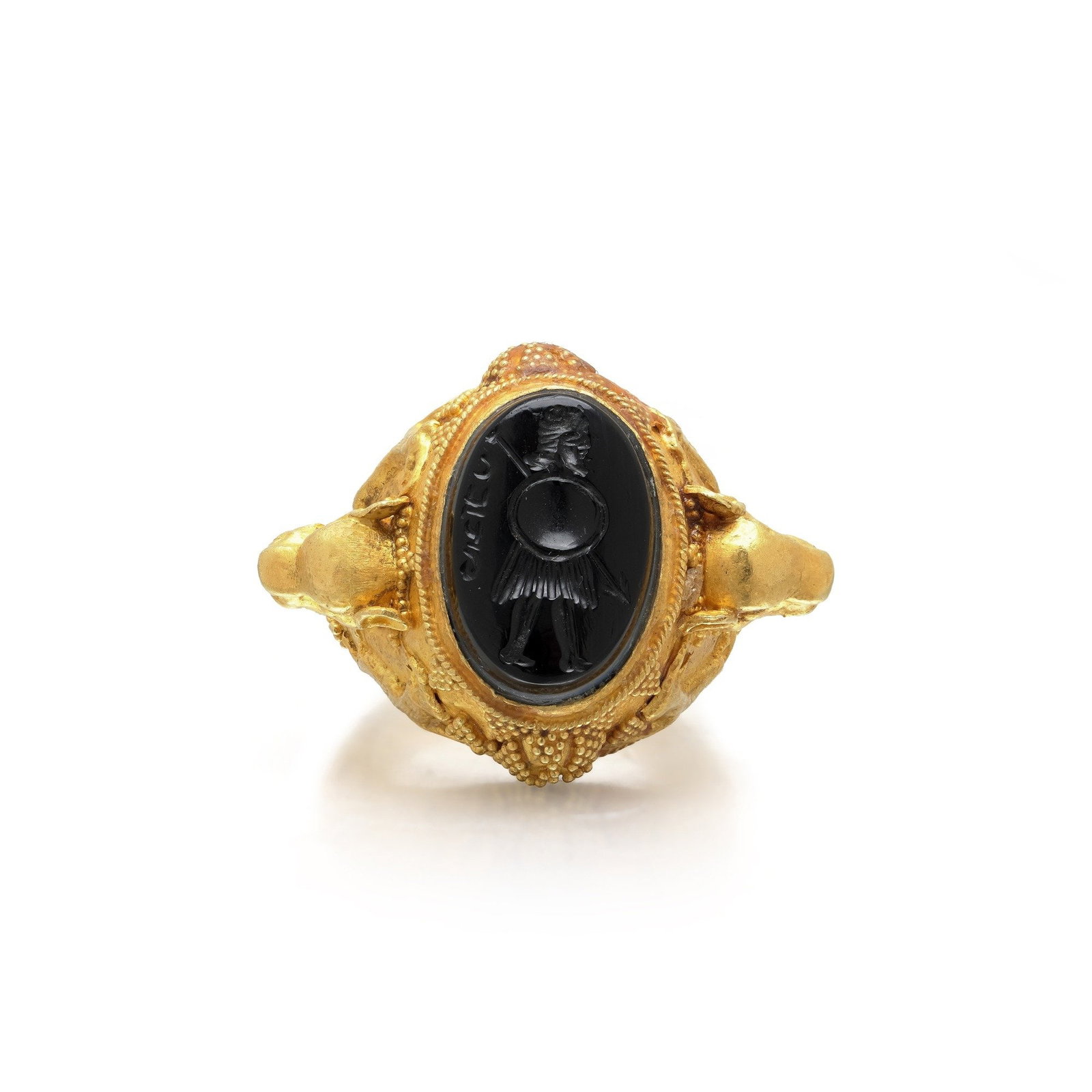 Archaeological Revival High Carat Gold Ring, Onyx Intaglio and Lion Head Shoulders (1 of 8)