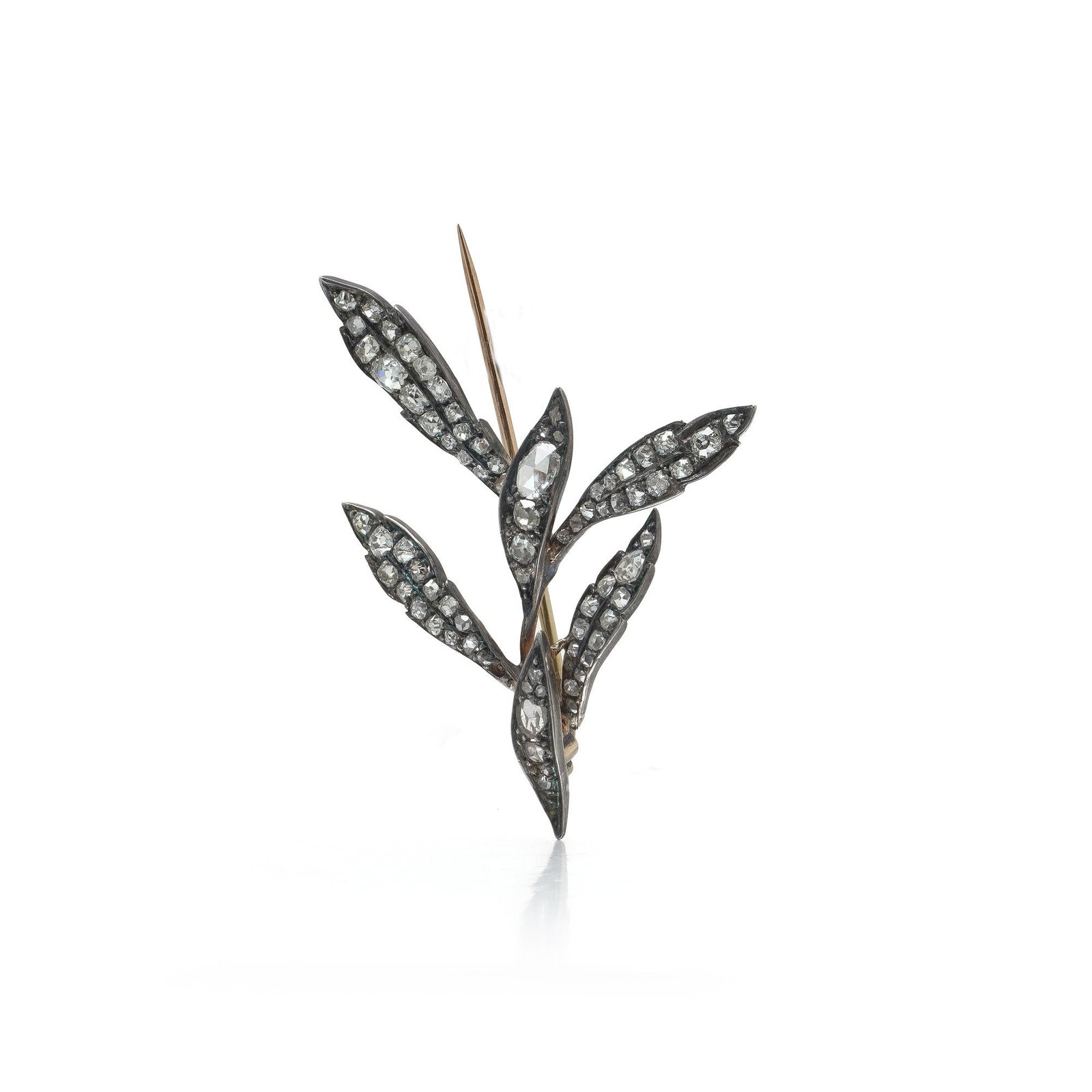 Victorian Diamond Foliate Spray Brooch, Silver Topped 9KT Gold, Approx. 2.50 ct: A Victorian diamond spray brooch modelled as a spray of five slender leaves rising from a single stem, set throughout with 76 diamonds in mixed rose and old cuts, approximately 2.50 ct in total. Each 