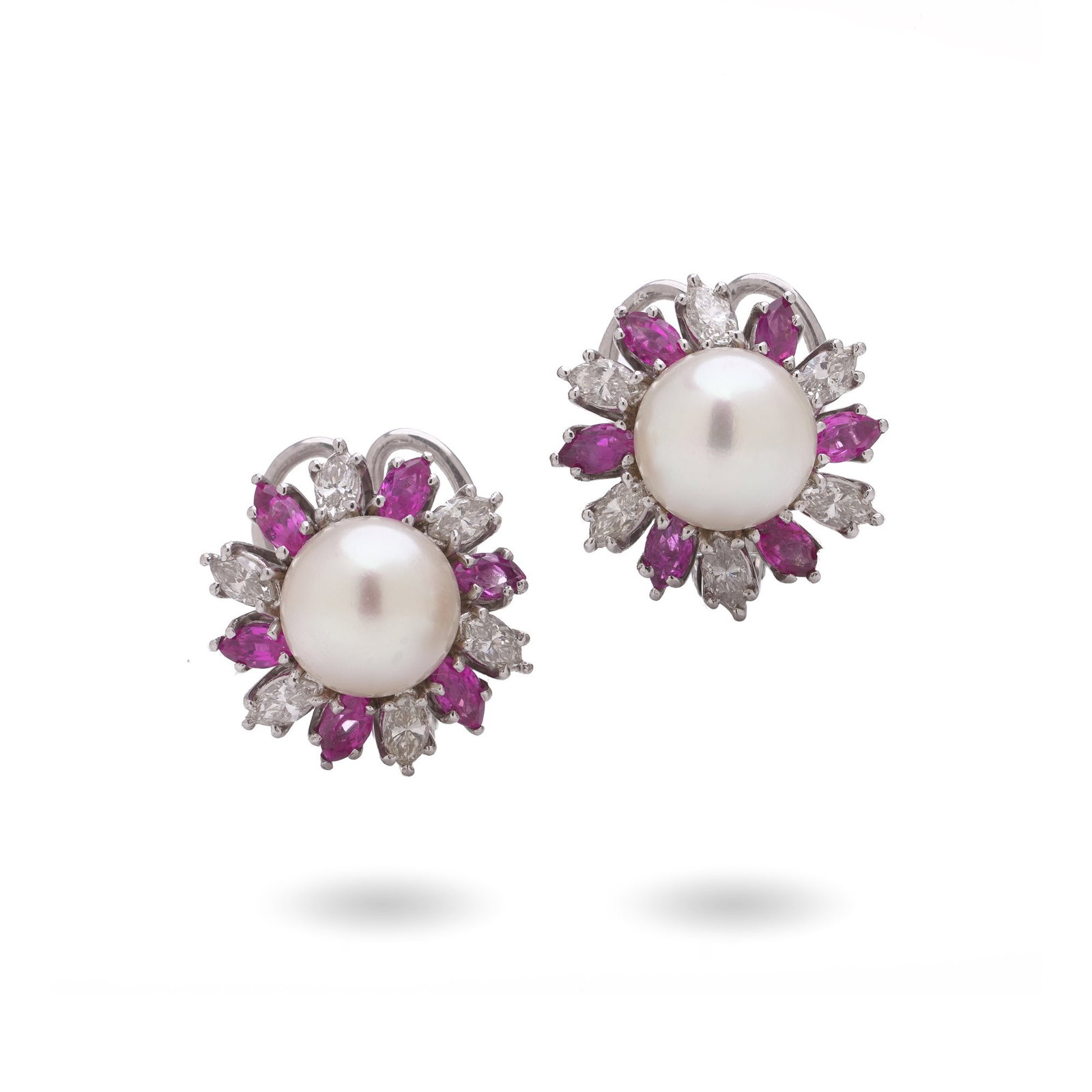 18KT White Gold South Sea Pearl, Diamond & Pink Sapphire Earrings (1 of 9)