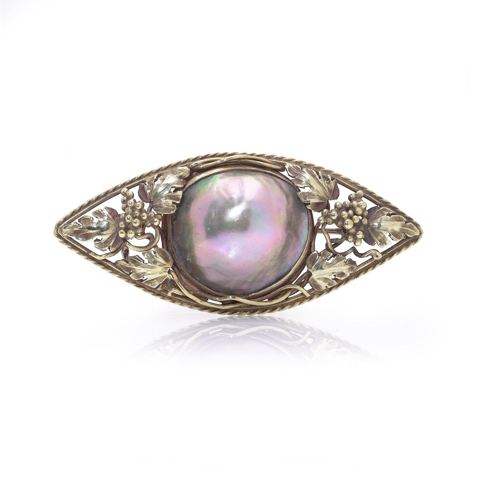 Art Nouveau Gold Brooch with 20mm Tahitian Pearl, Circa 1910: An exquisite Art Nouveau brooch dating from around 1910, featuring a captivating 20mm Tahitian pearl set within an openwork gold frame of leaves and grape clusters. The naturalistic design embodies th