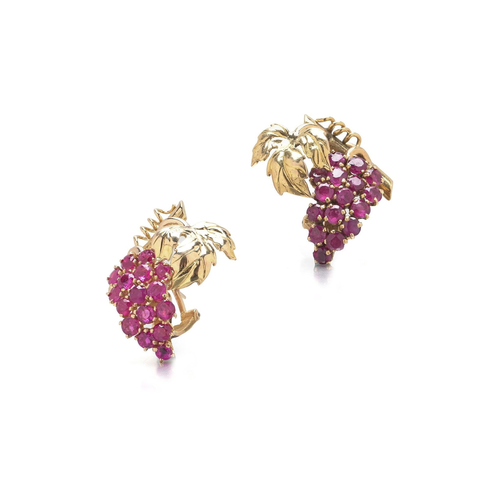 18KT Gold Ruby Grape Cluster Clip Earrings, Approx. 1.50 ct: A pair of 18KT gold clip earrings modelled as bunches of grapes, each cluster built from fifteen oval natural rubies set close together and tapering to a point, with sculpted gold vine leaves curling 
