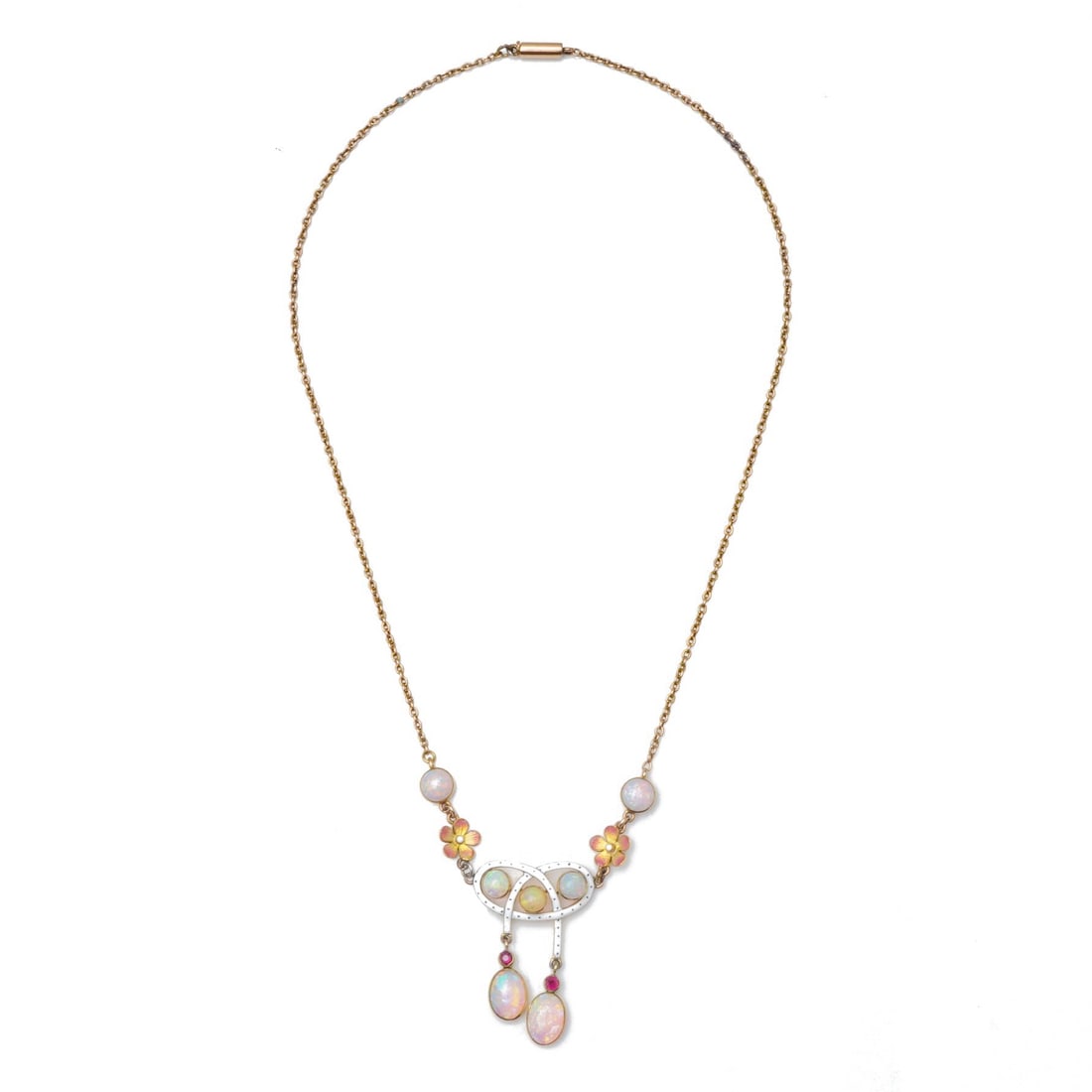 Art Noveau 18kt gold opal necklace, Circa 1910: A beautiful Art Nouveau necklace crafted in 18kt yellow gold, set with natural opals and rubies, enhanced with delicate enamel decoration. This piece reflects the fluid, organic style of the Art Nouve