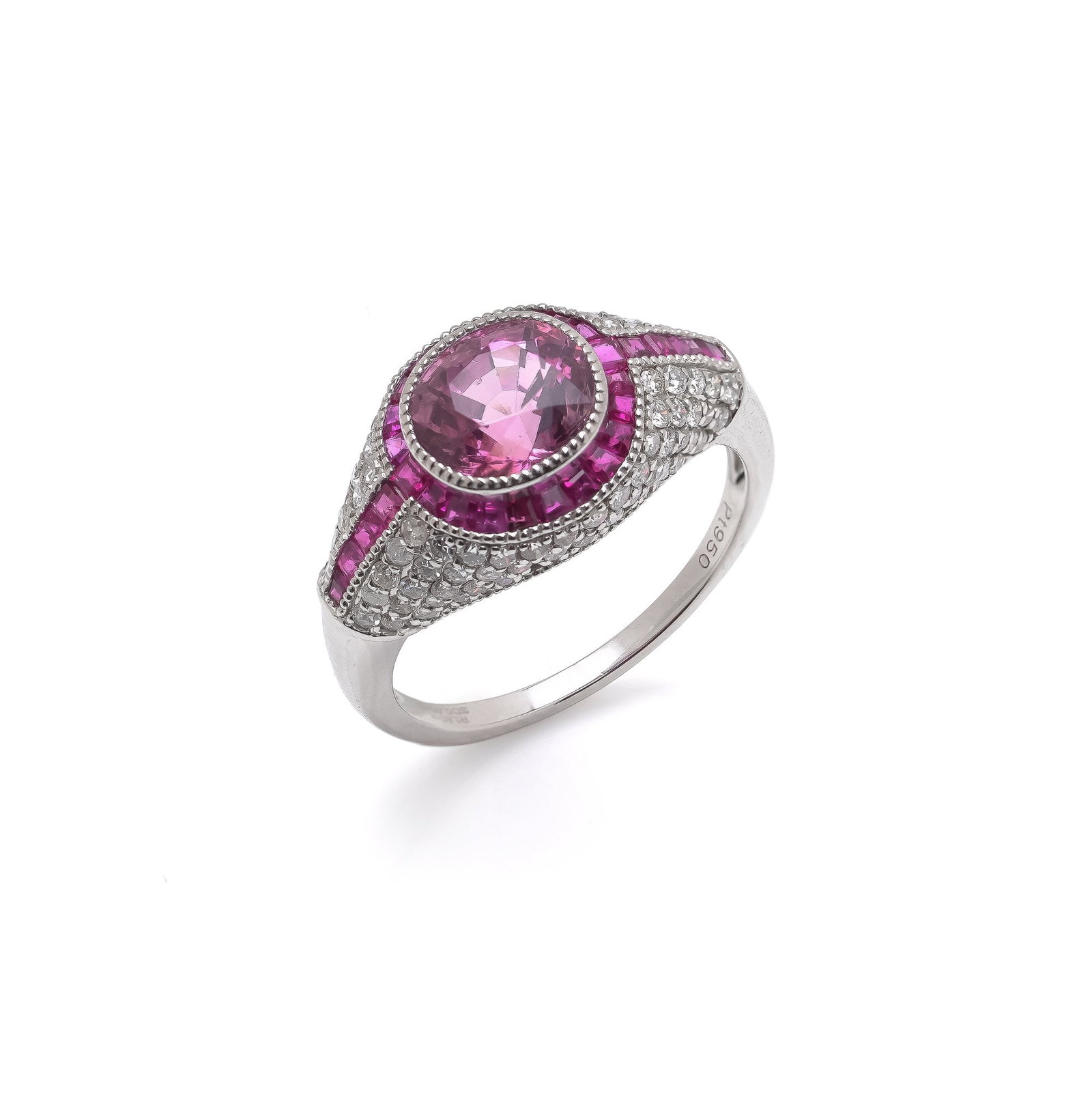 Natural Burma Ruby and Diamond Cluster Ring: A striking modern platinum ring set with a vivid natural Burma ruby, framed by a surround of calibre cut rubies and pave-set diamonds. The design has a strong Art Deco influence, with a bold central s
