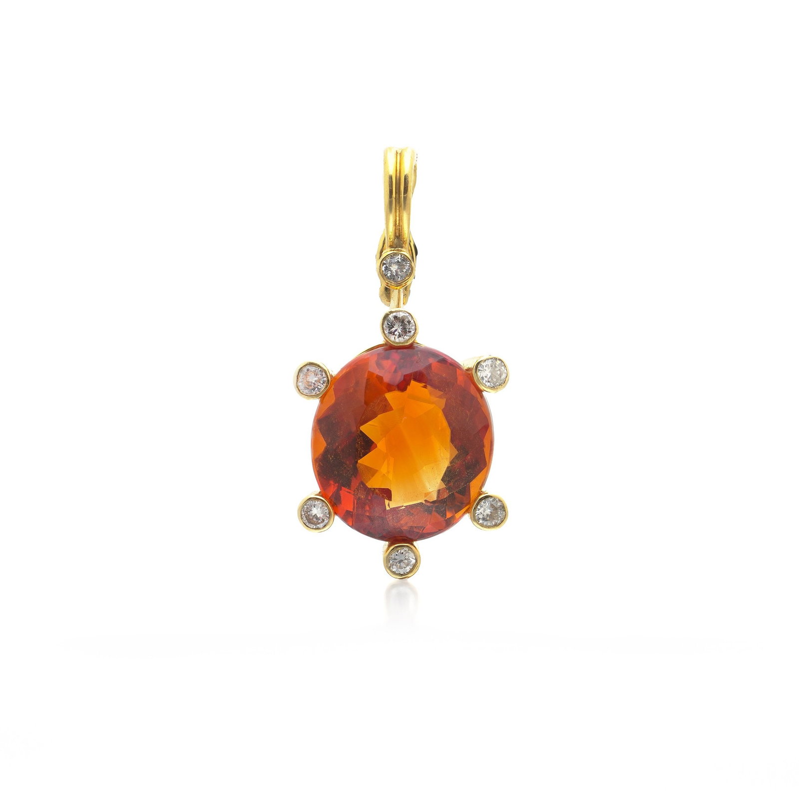 Citrine and Diamond 18KT Gold Pendant, 10ct Citrine, English 1970s: Citrine and diamond pendant in 18KT gold, built around a 10 ct faceted citrine of deep Madeira orange in a bold six bar frame, each bar tipped with a diamond. The frame is squared and architectural, h