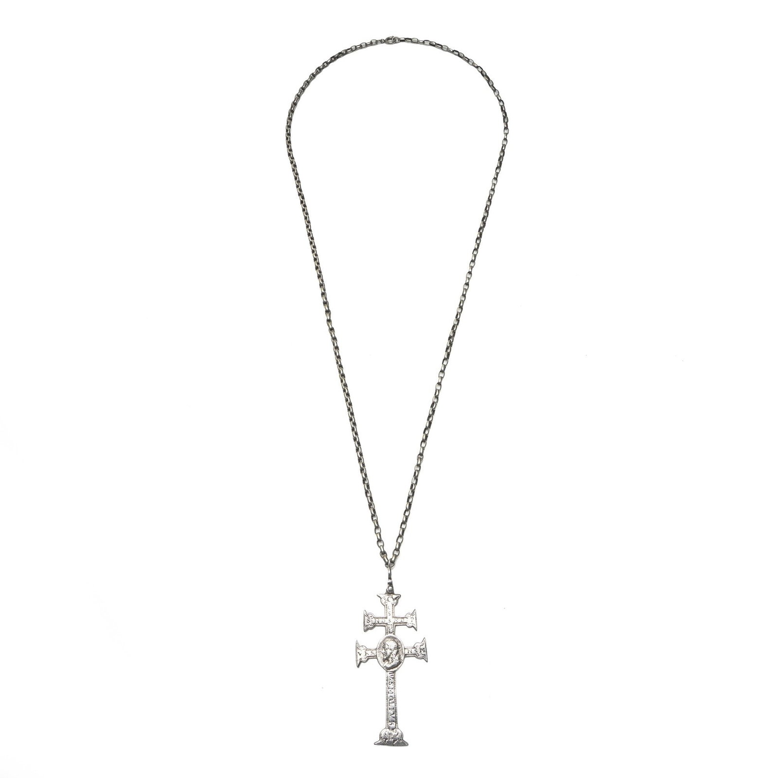Antique Dutch Silver Gothic Crucifix Pendant & Chain, Chester 1909: An antique silver Gothic Revival crucifix pendant on a long silver chain , of striking double-barred Caravaca form, the large cross elaborately worked in the ecclesiastical taste with decorative termi