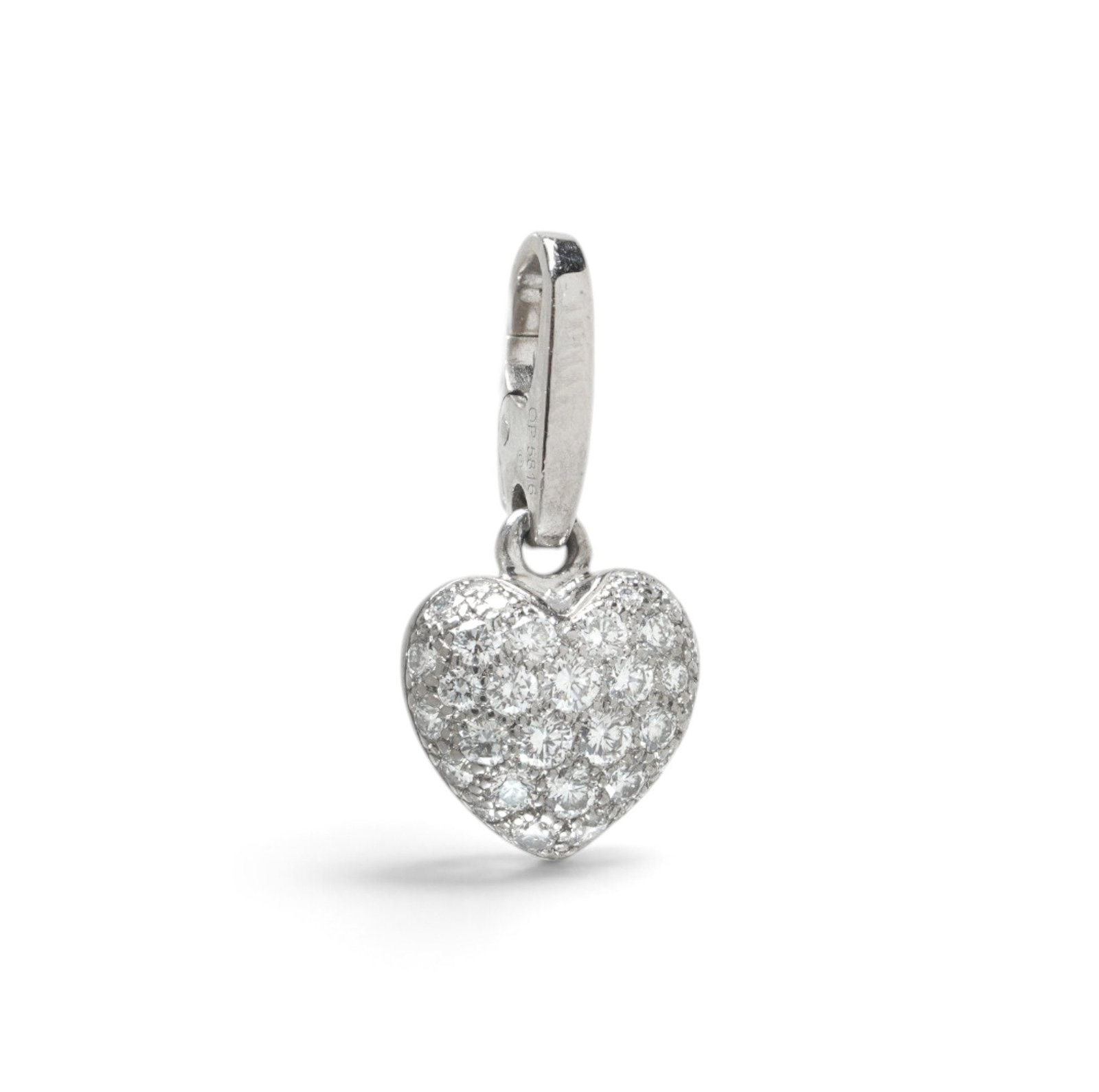 Cartier 18KT White Gold Pave Diamond Heart Charm Pendant, Signed: Cartier 18KT white gold heart charm pendant , the puffed heart pave set throughout with brilliant cut diamonds of approximately 0.40 ct, on Cartier's signed trigger clasp. The heart is domed on the fa