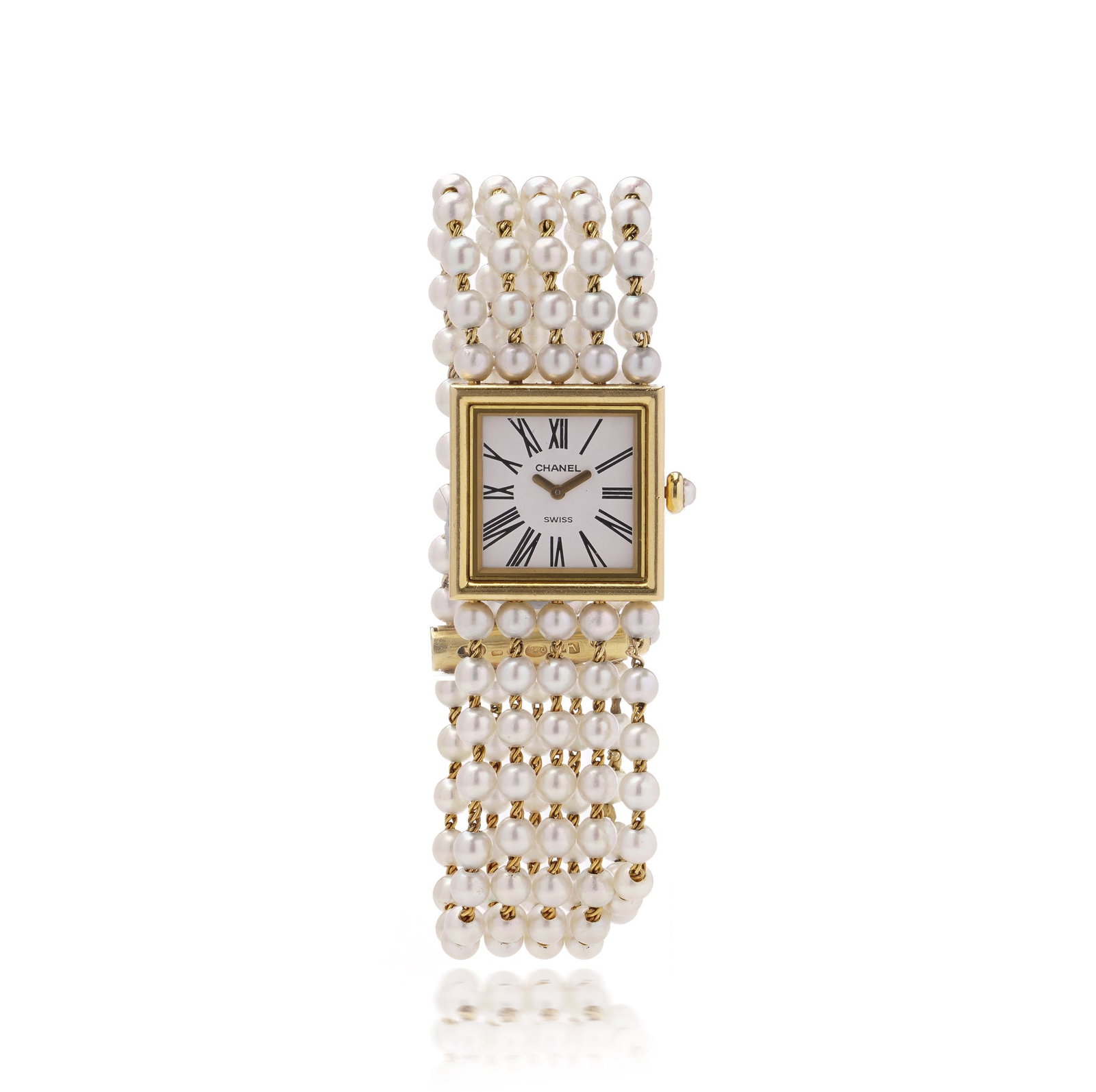 Chanel Mademoiselle 18KT Yellow Gold & Cultured Pearl Bracelet Quartz: A refined and collectible Chanel Mademoiselle wristwatch, crafted in 18kt yellow gold and adorned with five rows of luminous cultured pearls. Powered by a Swiss quartz movement, the caseback is fully 