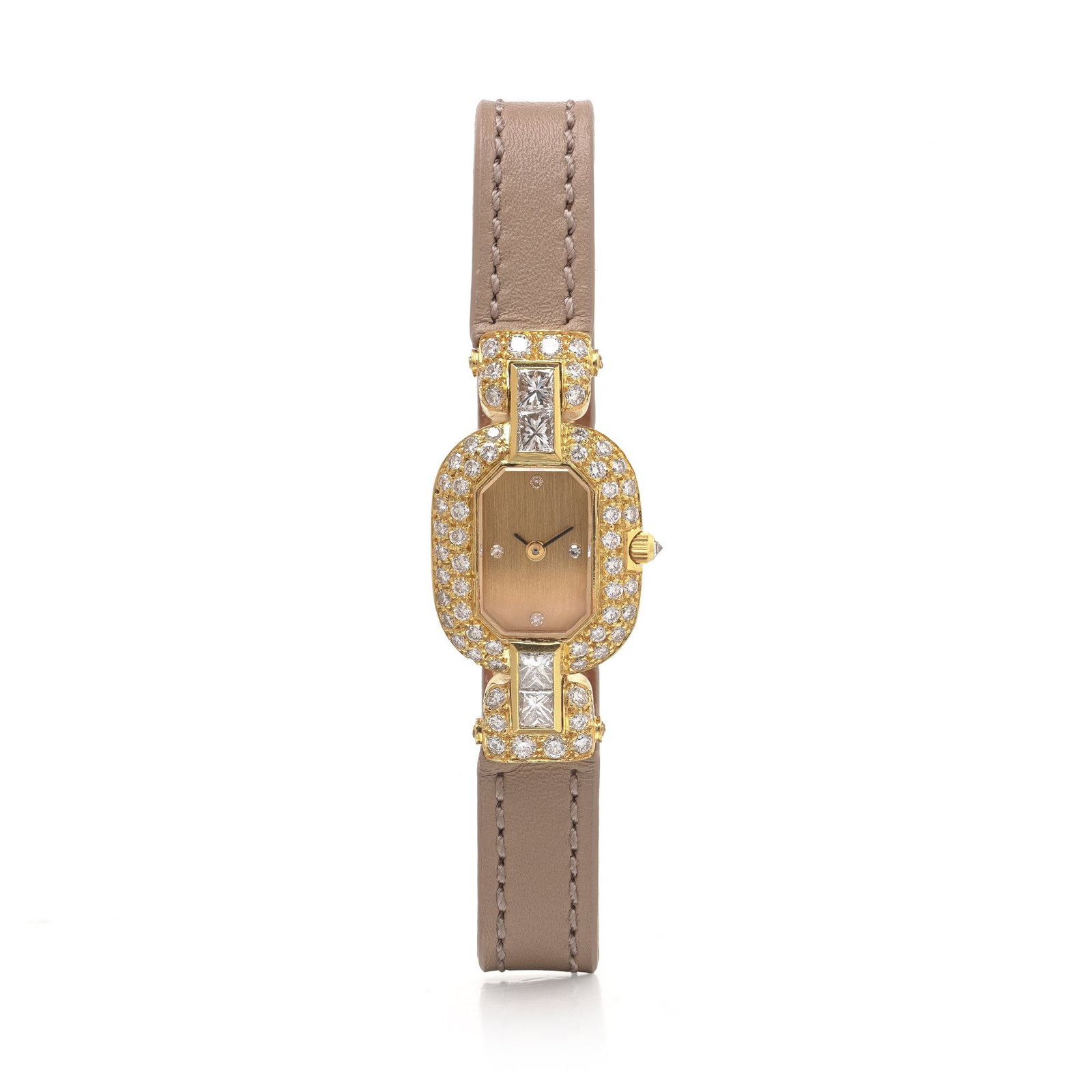 The Queen Paris 18KT Gold Diamond-Set Ladies Watch with Asprey Diamond Buckle: A highly decorative ladies jewellery watch signed The Queen Paris, in 18KT yellow gold. The small octagonal case is surrounded by a substantial pave set diamond border with square cut diamond accents 
