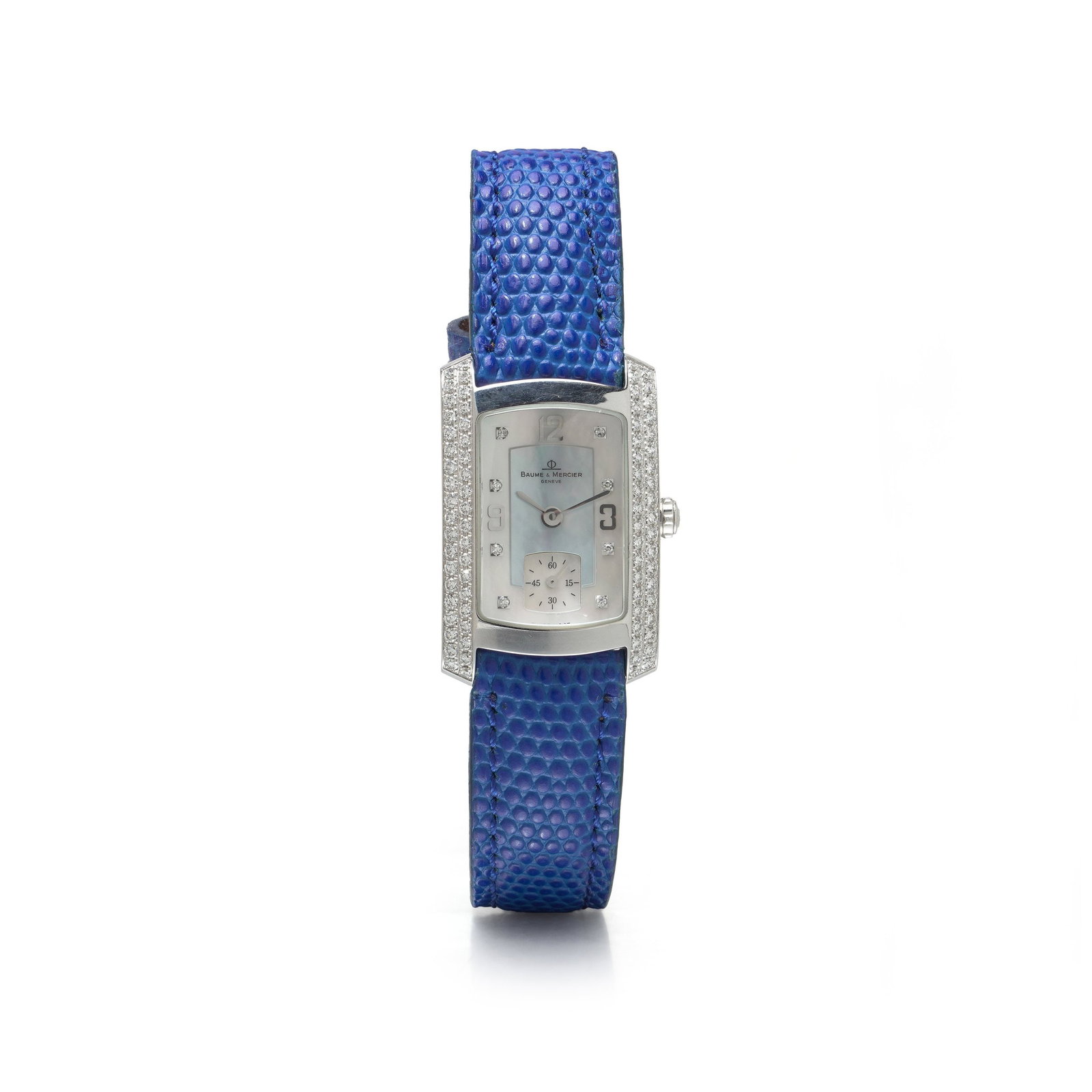 Baume & Mercier Hampton Milleis 18KT White Gold Diamond Ladies Watch Ref. 65335, Mother of Pearl Dia: Baume & Mercier Hampton Milleis in 18KT white gold, the curved tonneau case set with seventy six diamonds down both flanks and framing a mother of pearl dial. The dial carries applied white gold Arabi
