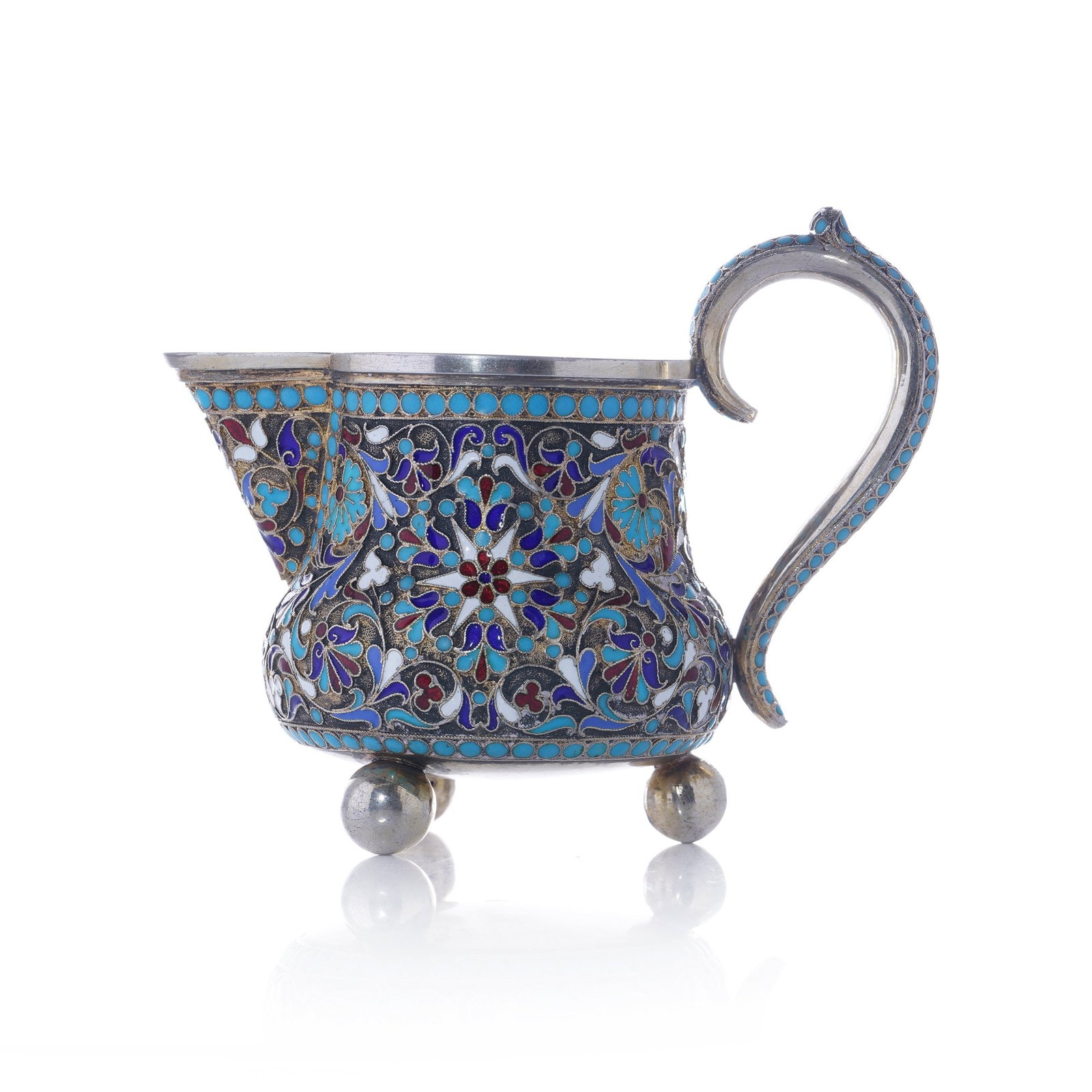 Antique Russian Cloisonne Enamel and Silver Gilt Milk Jug: An antique Russian silver-gilt milk jug with cloisonne enamel decoration. The enamel work is finely executed, and the interior and exterior are finished with gilding. Dimensions - . Height (including 