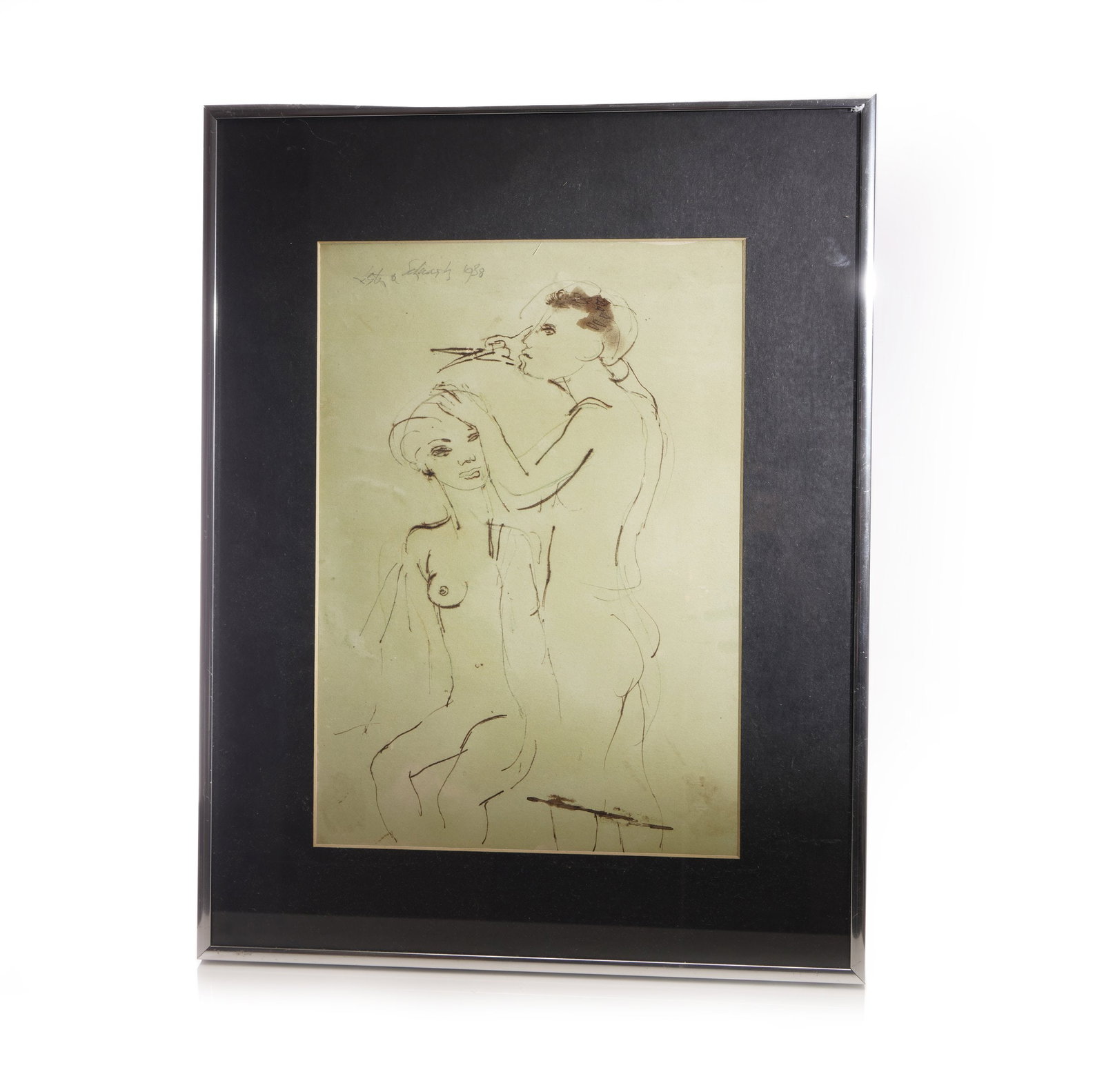 Pen and ink drawing by Lester O. Schwartz ' nude study, the male figure giving the female a haircut (1 of 9)