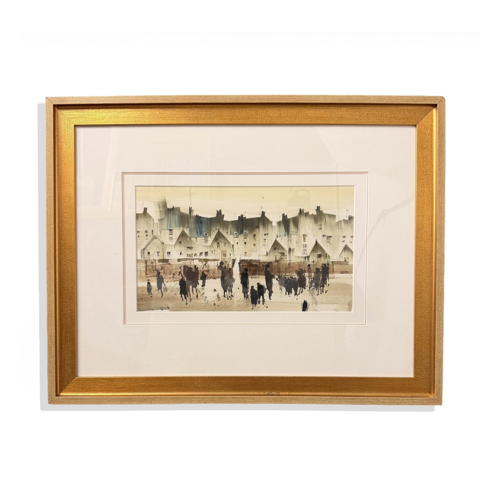 Sue Howells RWS 'School Trip' Original Watercolour Village Scene: An original watercolour by Sue Howells RWS, titled School Trip. A group of children and accompanying adults gathers across the foreground, set down in loose dark blots, in front of a close packed row 