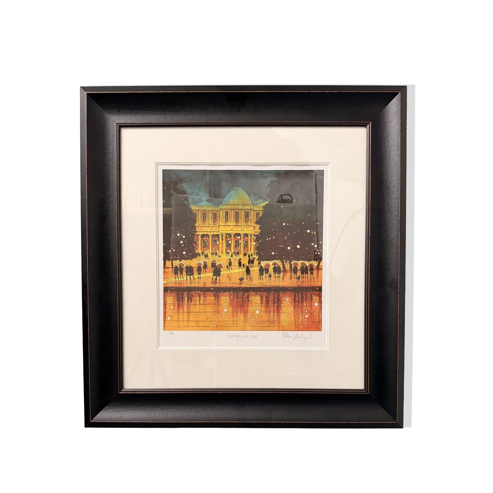 Peter J Rodgers 'Evening by the Lake' Signed Limited Edition Print 7/95: Evening by the Lake by Peter J Rodgers, a signed limited edition print numbered 7 from an edition of 95. A grand domed building stands lit against a night sky while figures gather along the water's ed