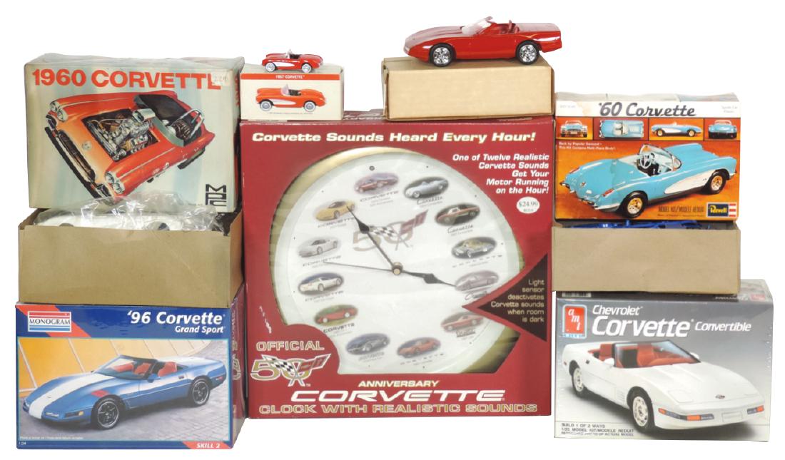 Toy cars/clock w/boxes (7), Corvettes, Revell 1960 kit,: Toy cars/clock w/boxes (7), Corvettes, Revell 1960 kit, Monogram 1996 Grand Sport kit, MPC 1960 & AMT 1991 convertibles, Ertl promo 1990 convertible, small (4") 1957 Corvette ornament & 50th Anniv B-O