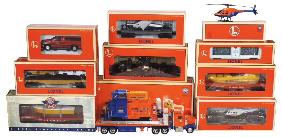 Toy train cars w/boxes (10), Lionel (1996), box cars,: Toy train cars w/boxes (10), Lionel (1996), box cars, reefers, wine car & hoppers, metal & plastic, Near-Mint cond, boxes VG, 10"-18"L.