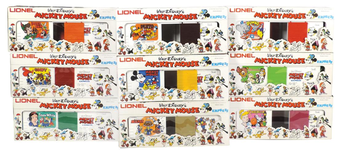 Toy train cars w/boxes (9), Lionel, Mickey Mouse: Toy train cars w/boxes (9), Lionel, Mickey Mouse Express w/box cars for Cinderella, Mickey Mouse, Dumbo, Bambi, Pluto, Snow White, Goofy & Peter Pan, plastic, c.1970's, Near-Mint cond w/Exc boxes, all
