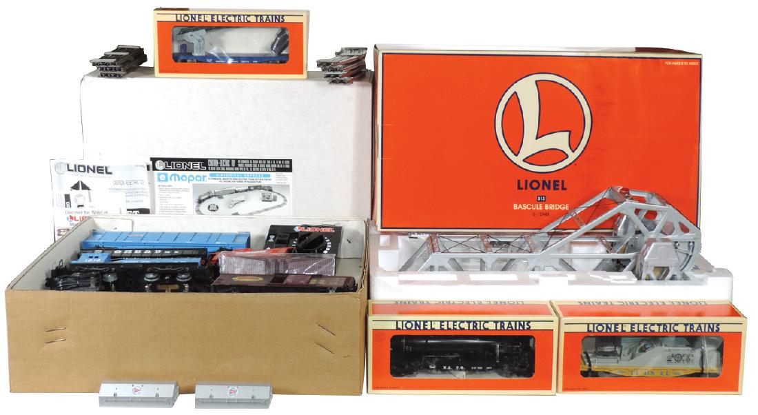 Toy train cars/bridge/set (5), Lionel O27 Gauge flat: Toy train cars/bridge/set (5), Lionel O27 Gauge flat car w/submarine, cherry picker & TV car; 313 Bascule Bridge; Mopar Historical Series set w/Diesel engine, 3 cars & caboose, includes track & transf