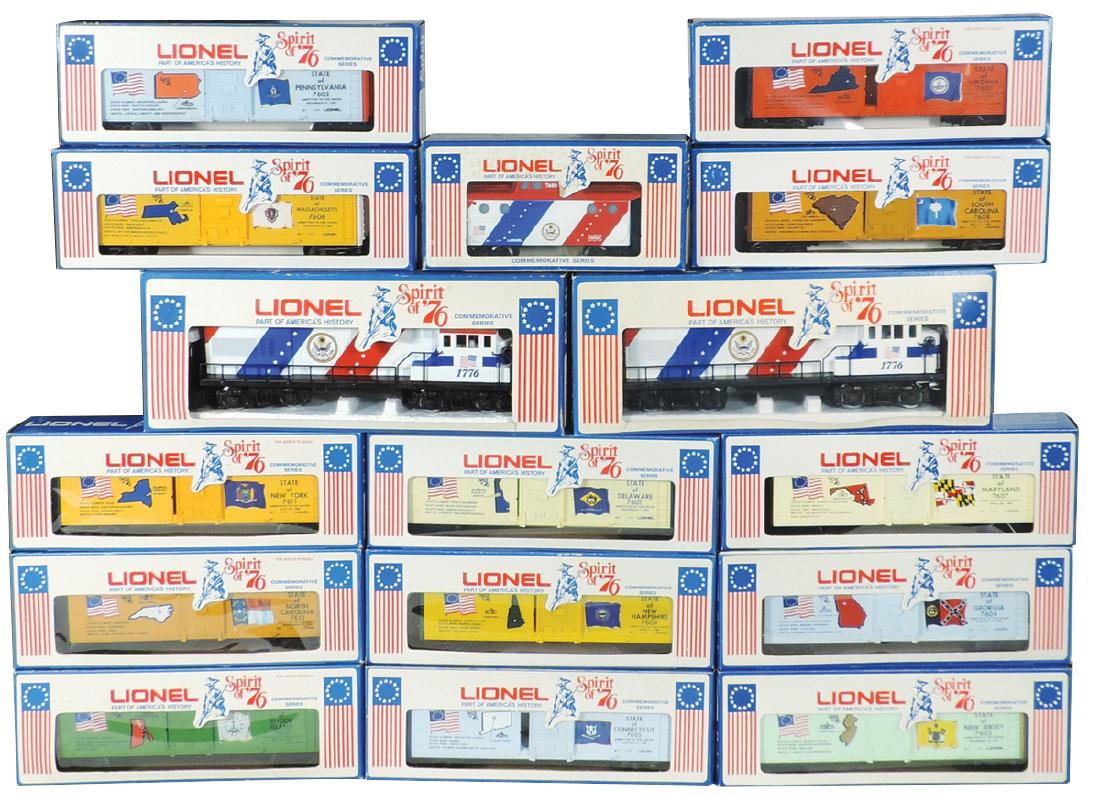 Toy train cars/engines w/boxes (16), Lionel, Spirit of: Toy train cars/engines w/boxes (16), Lionel, Spirit of 76 diesel locomotives(2), box cars-MD, NC, GA, DE, NY, VA, CT, SC, NH, MA, NJ, PA, RI & caboose, Mint cond w/VG boxes, 9"-15"L.
