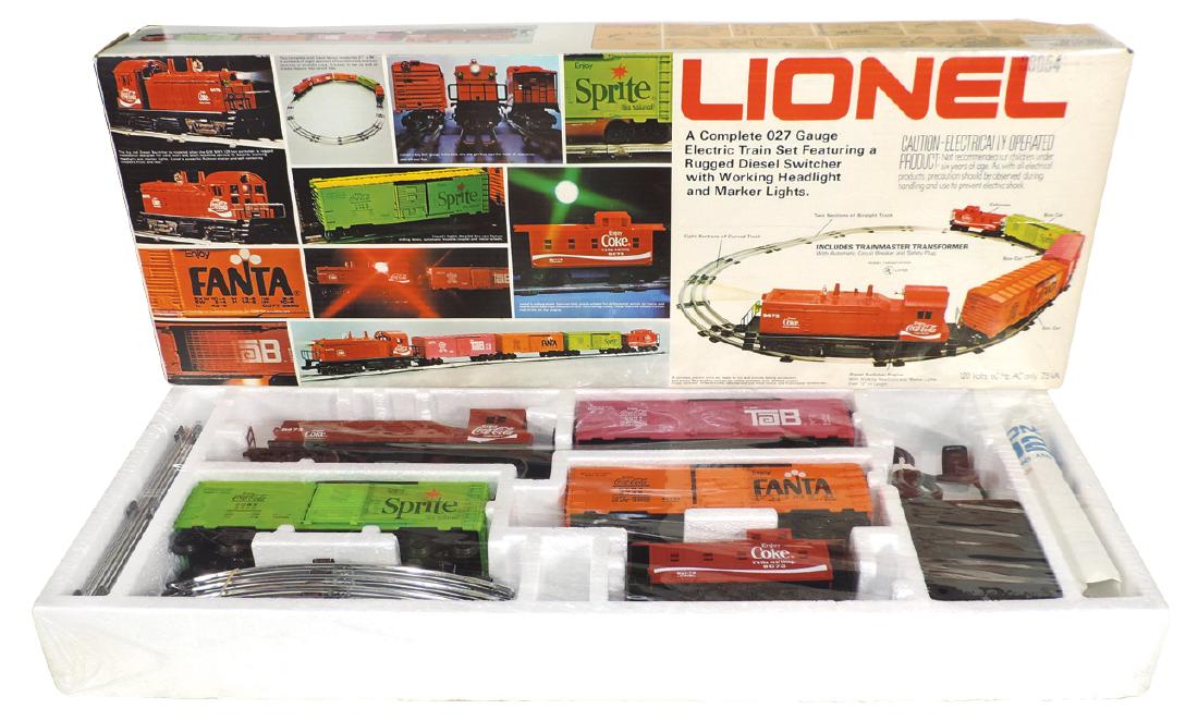 Toy train set, Lionel 027 Gauge, Coca-Cola theme, box: Toy train set, Lionel 027 Gauge, Coca-Cola theme, box cars (3), switch engine, caboose, track & transformer, Near-Mint cond, box VG.