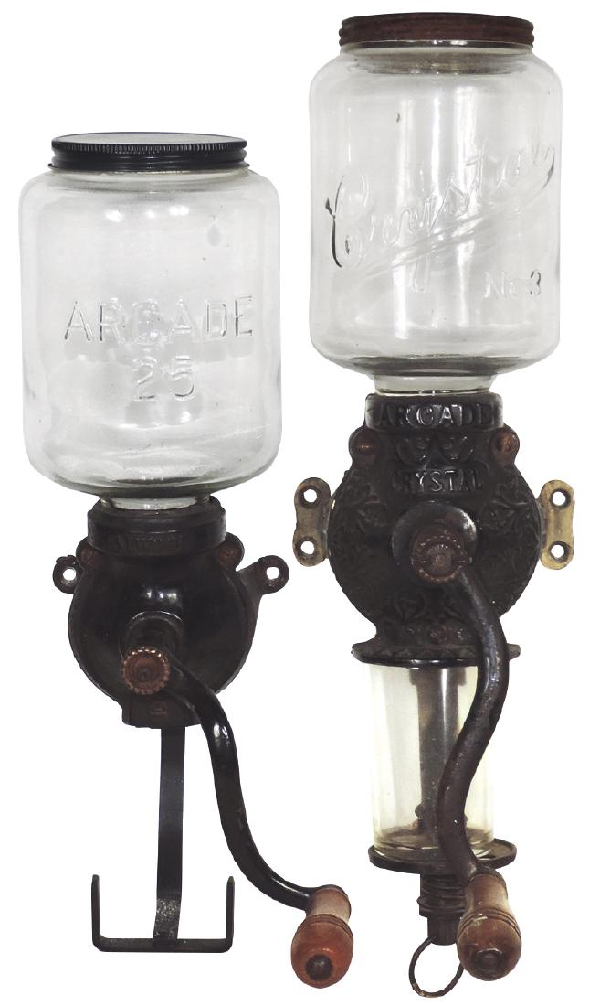 Kitchenware (2), coffee grinders, Arcade Crystal No. 3,: Kitchenware (2), coffee grinders, Arcade Crystal No. 3, fancy cast iron w/embossed glass & Arcade No. 25, missing receiver, Exc & VG cond, 16" & 17"L.