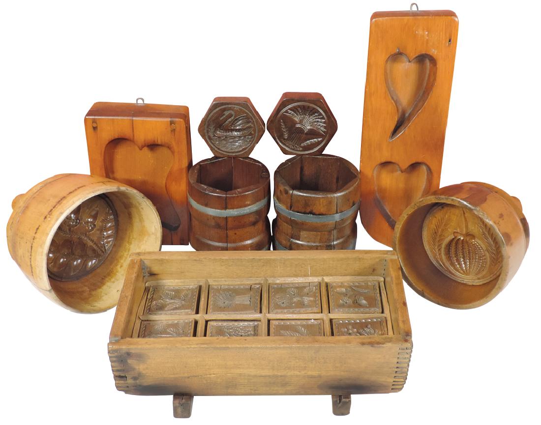 Kitchenware (9), 2 maple sugar molds, 1 set butter: Kitchenware (9), 2 maple sugar molds, 1 set butter molds (8 pats), 6 butter mold/presses, all wood, VG+/Exc cond, up to 4"H x 11"W.