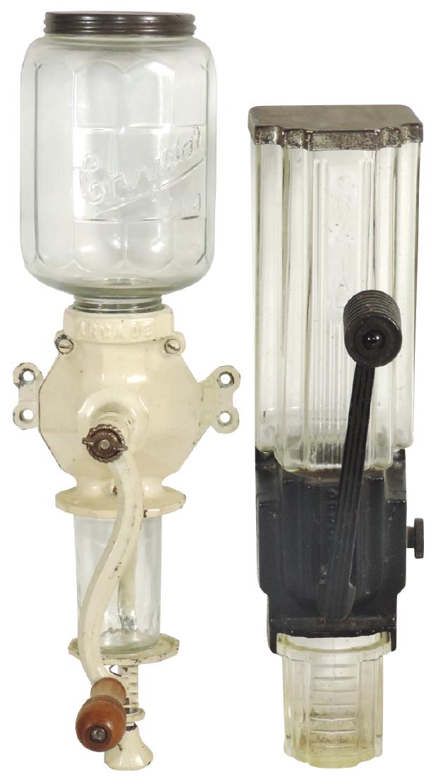 Kitchenware (2), coffee grinders, Arcade Crystal, Deco: Kitchenware (2), coffee grinders, Arcade Crystal, Deco style w/orig glass receiver & Arcade Crystal No. 4, painted cast iron & glass, both Exc cond, 16" & 18"L.