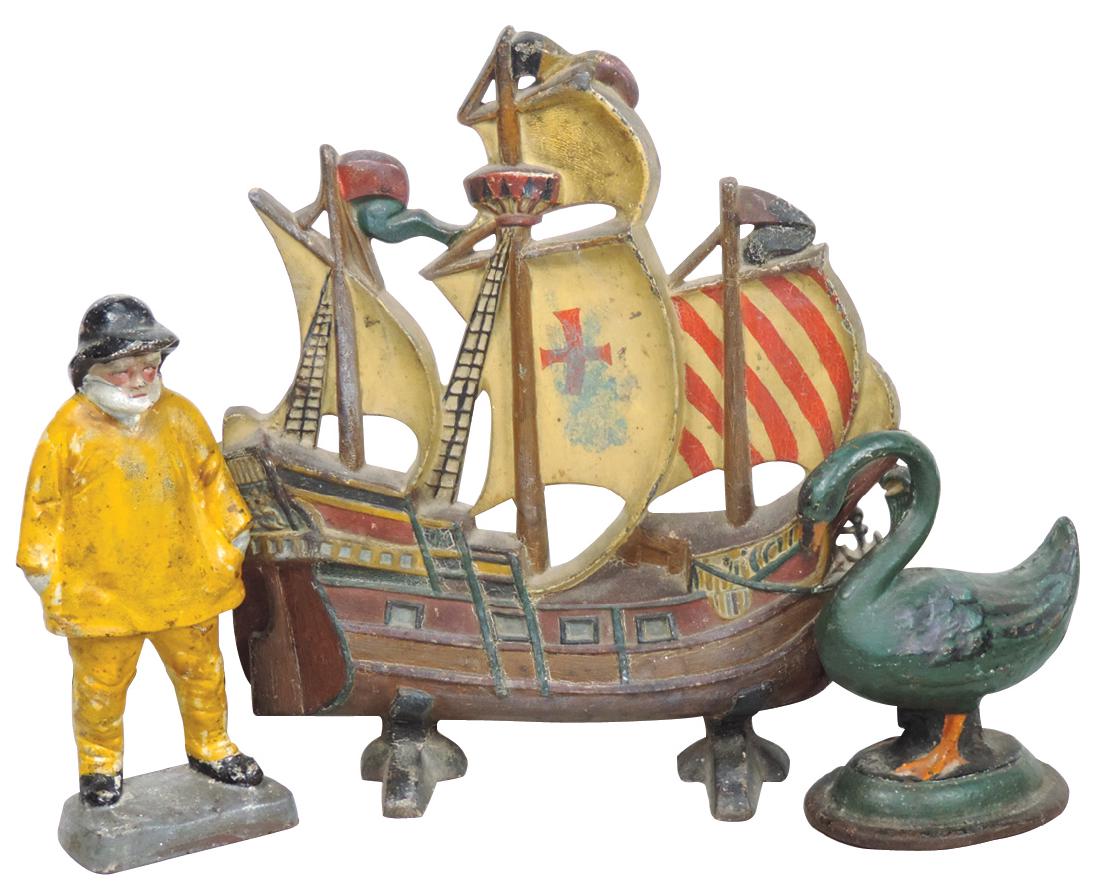Doorstops (3), cast iron ship, swan & fisherman, all: Doorstops (3), cast iron ship, swan & fisherman, all VG/Exc cond w/orig paint, 6"-11.5"H.