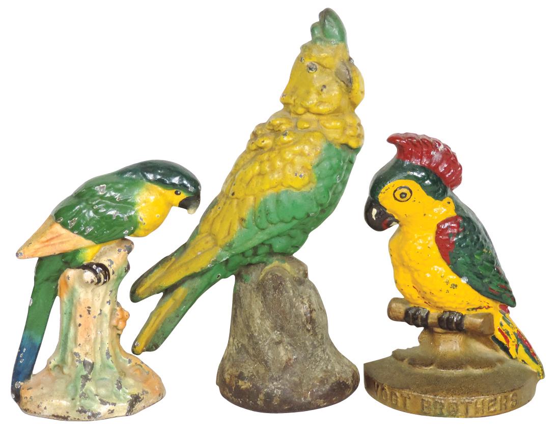 Doorstops (3), cast iron parrot & cockatoos, 1 marked: Doorstops (3), cast iron parrot & cockatoos, 1 marked Vogt Brothers, VG cond, up to 12"H.