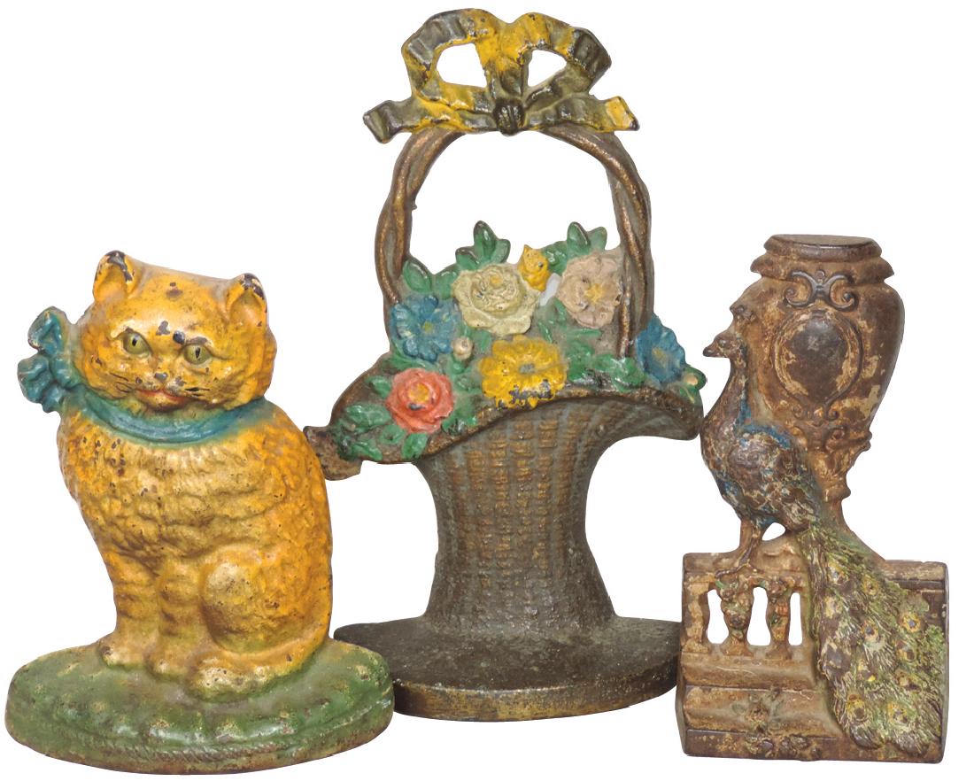 Doorstops (3), peacock at fountain, flower basket &: Doorstops (3), peacock at fountain, flower basket & kitten, all cast iron, all VG cond w/orig paint, up to 11"H.