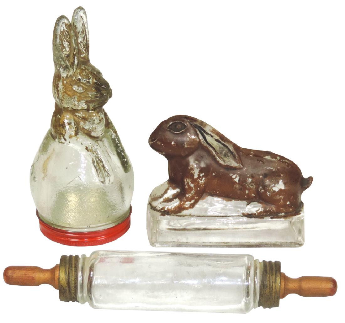 Toy candy containers (3), all glass, Sitting Rabbit: Toy candy containers (3), all glass, Sitting Rabbit w/screw-on base, VG w/some orig paint, reclining rabbit-no closure, VG w/most of it's orig paint & rolling pin w/wood handles, Exc cond, up to 7"L.