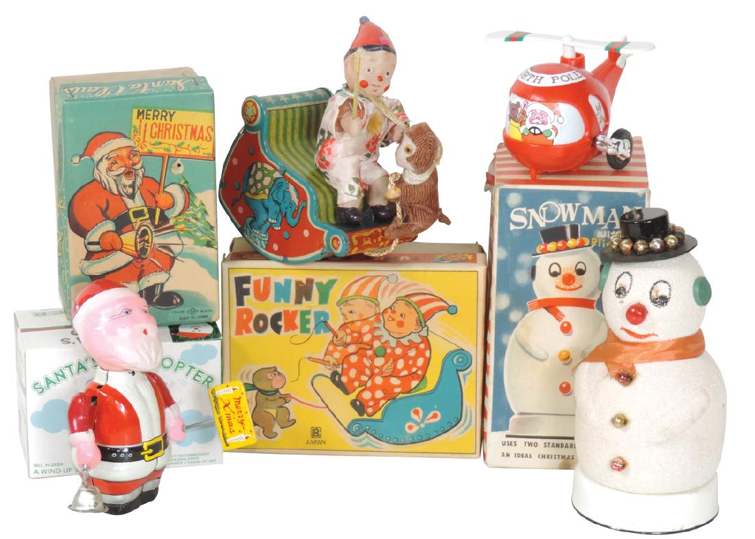 Toys w/boxes (4), Funny Rocker-Japan, litho on tin: Toys w/boxes (4), Funny Rocker-Japan, litho on tin w/celluloid figure; Ideal Snowman with Blinking Nose; Santa Claus litho on tin windup-TN Japan & plastic Santa's Helicopter from Kurt S. Adler Inc.,