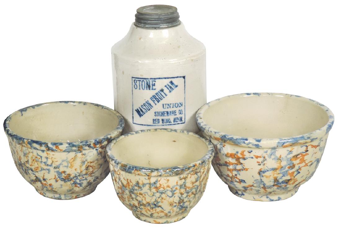 Stoneware (4), Red Wing Mason Fruit Jar & Red Wing 6,": Stoneware (4), Red Wing Mason Fruit Jar & Red Wing 6," 7" & 8" panel bowls, all in Exc cond, fruit jar 8.5"H.
