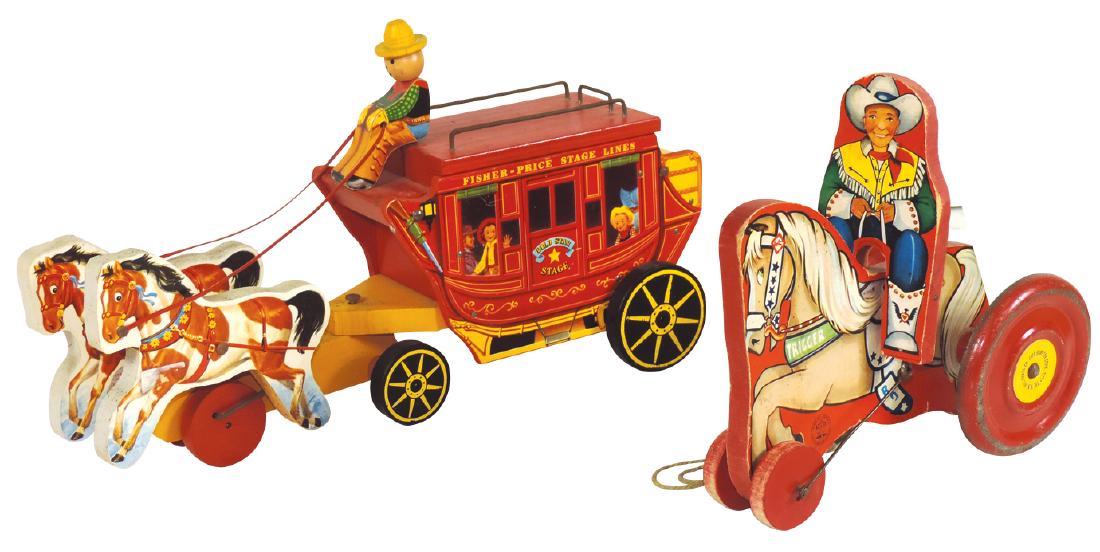 Toys (2) Fisher-Price Gold Star Stage Coach # 175: Toys (2) Fisher-Price Gold Star Stage Coach # 175 w/driver & mailbags, Exc cond w/orig hang tag, 16"L & N.N. Hill Brass Co. Roy & Trigger, Good/VG played-with cond, 9"L.